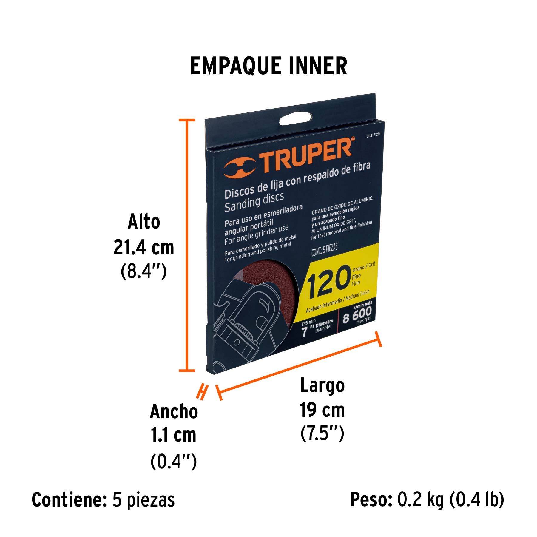 Disco de lija de 7" con respaldo de fibra, grano 120, TRUPER - Empaque