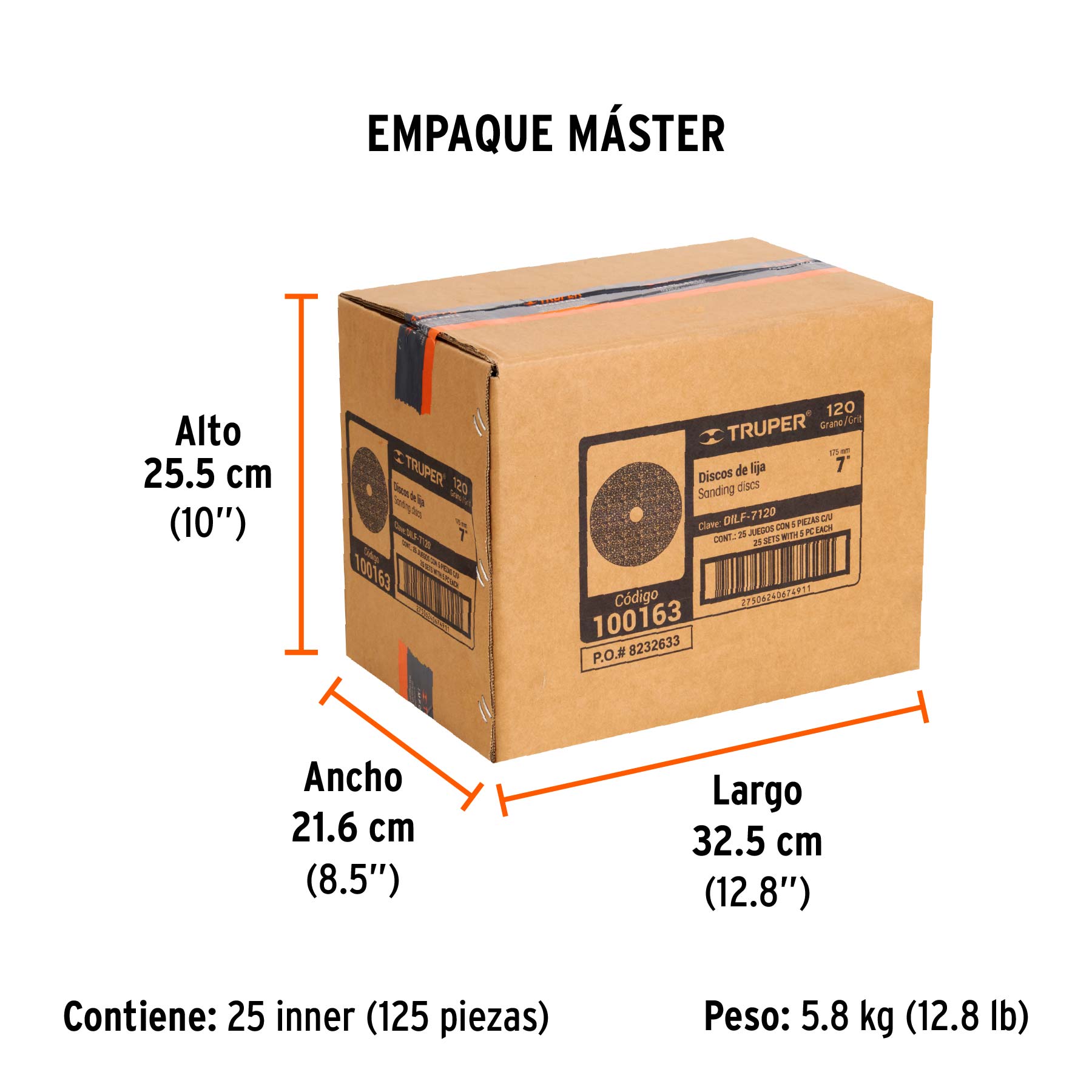 Disco de lija de 7" con respaldo de fibra, grano 120, TRUPER - Empaque