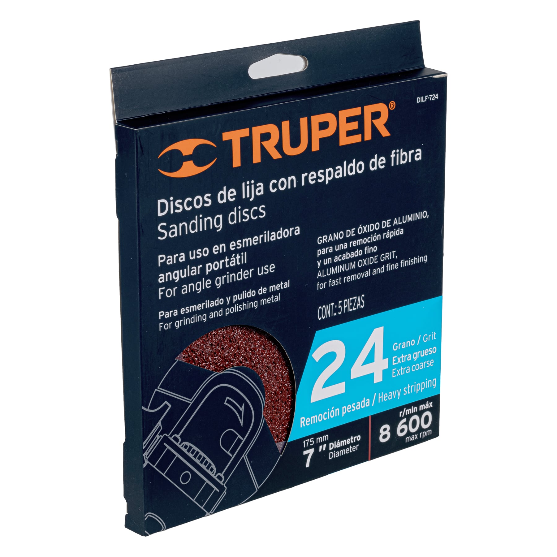 Disco de lija de 7" con respaldo de fibra, grano 24, TRUPER