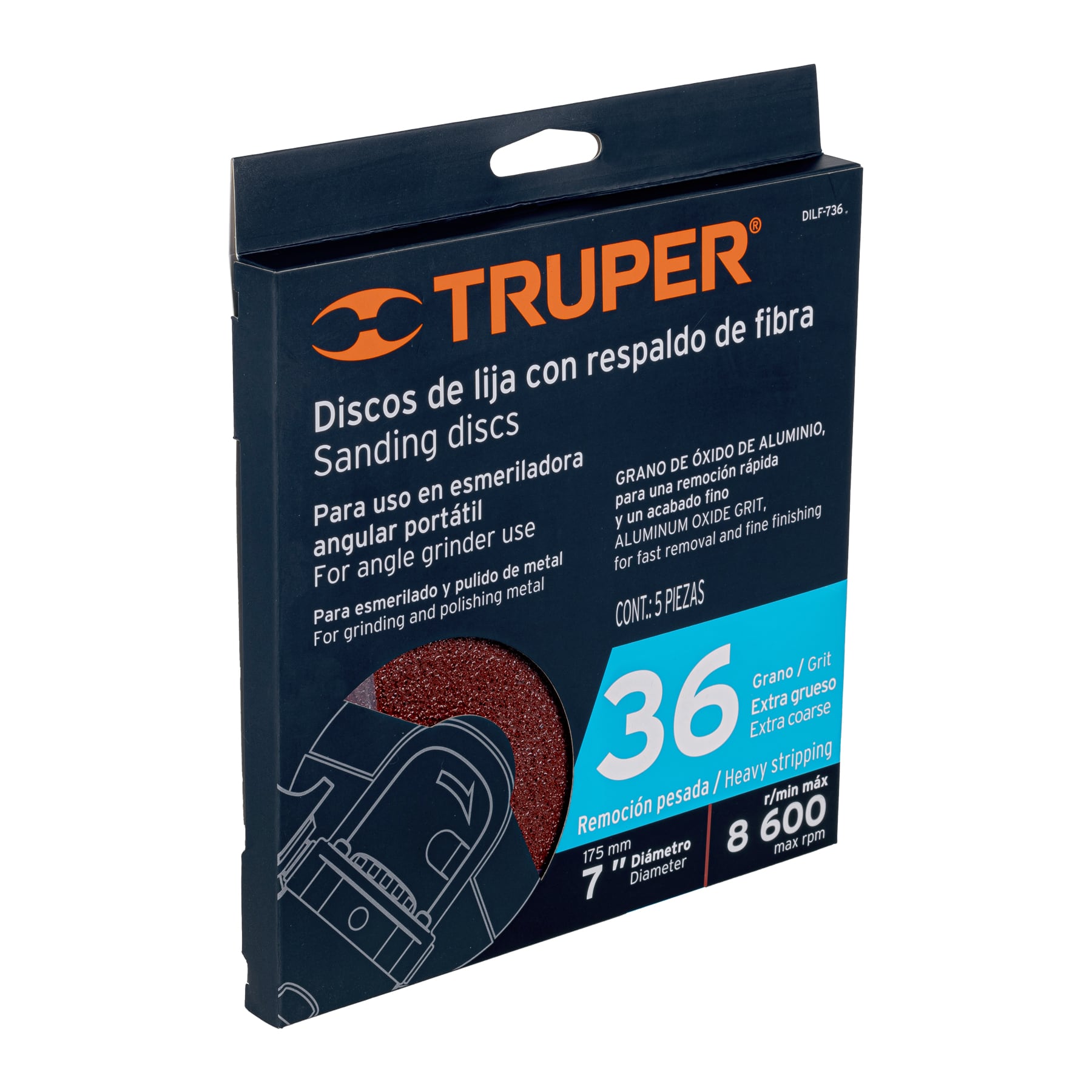 Disco de lija de 7" con respaldo de fibra, grano 36, TRUPER