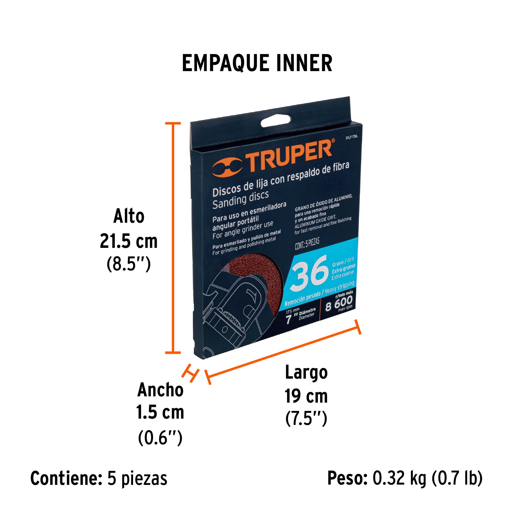 Disco de lija de 7" con respaldo de fibra, grano 36, TRUPER - Empaque