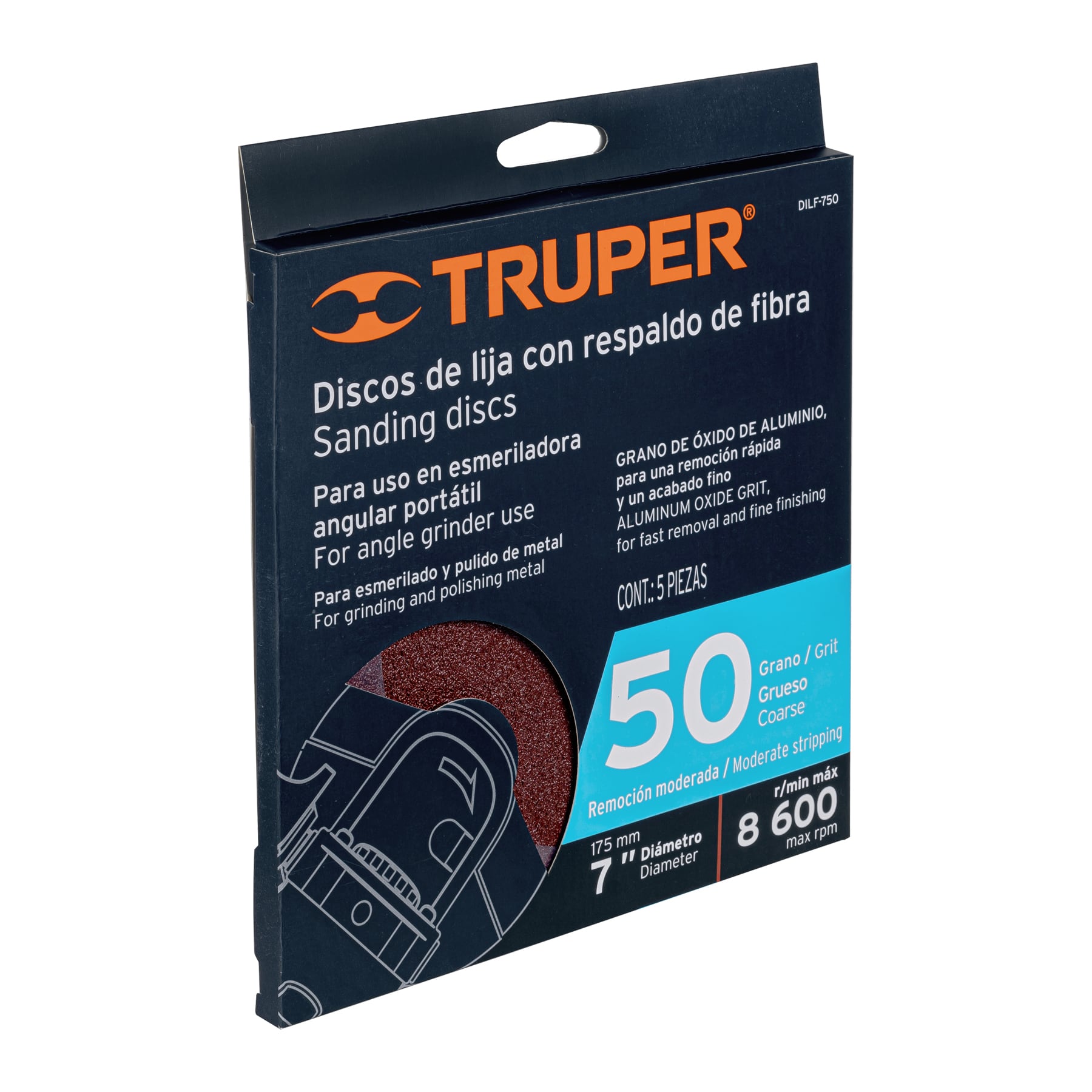 Disco de lija de 7" con respaldo de fibra, grano 50, TRUPER