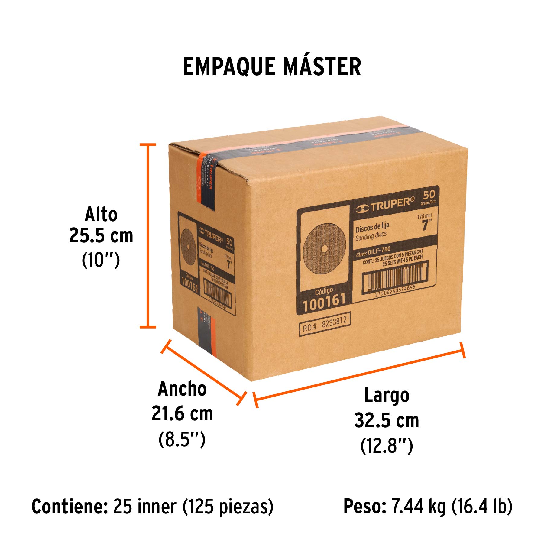 Disco de lija de 7" con respaldo de fibra, grano 50, TRUPER - Empaque