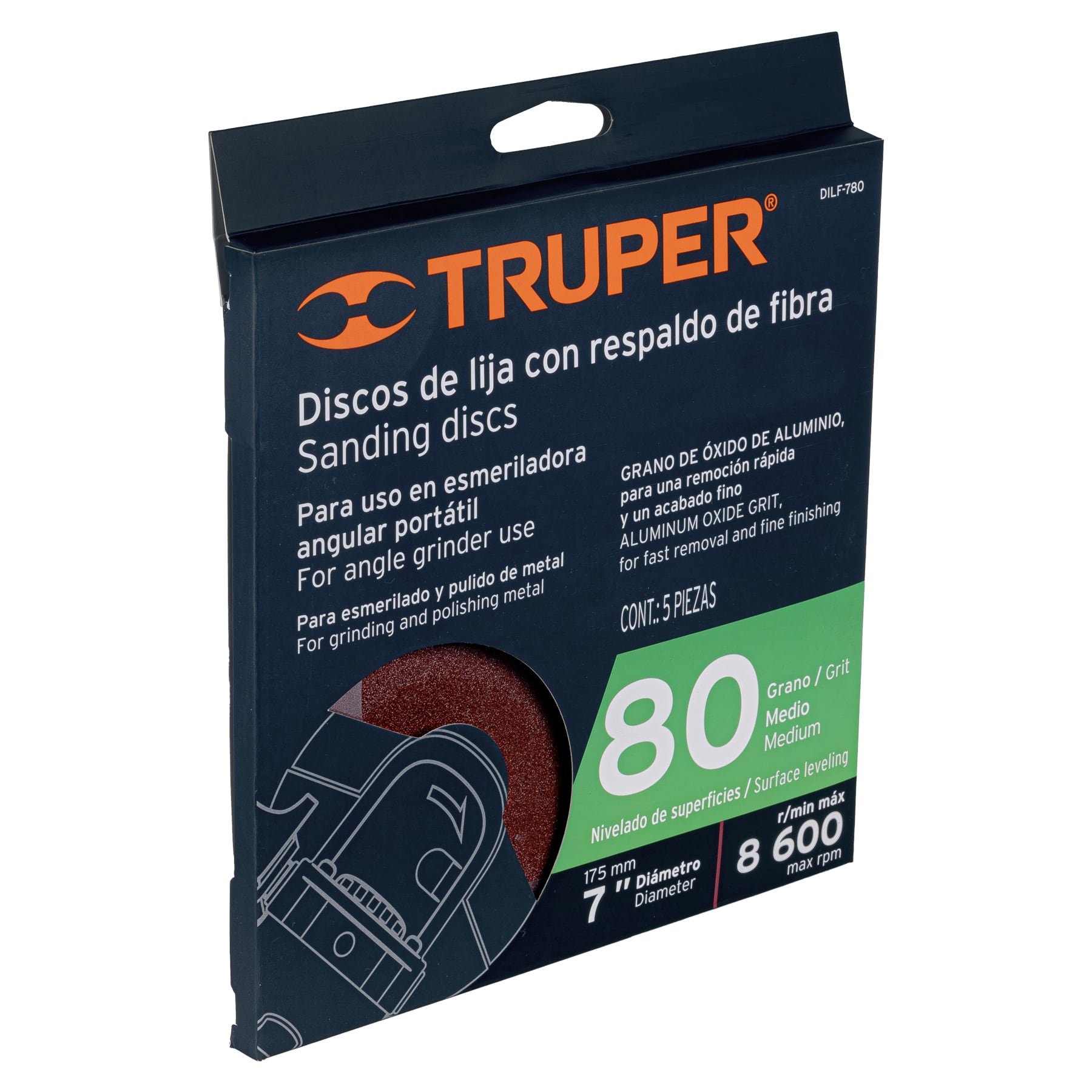 Disco de lija de 7" con respaldo de fibra, grano 80, TRUPER