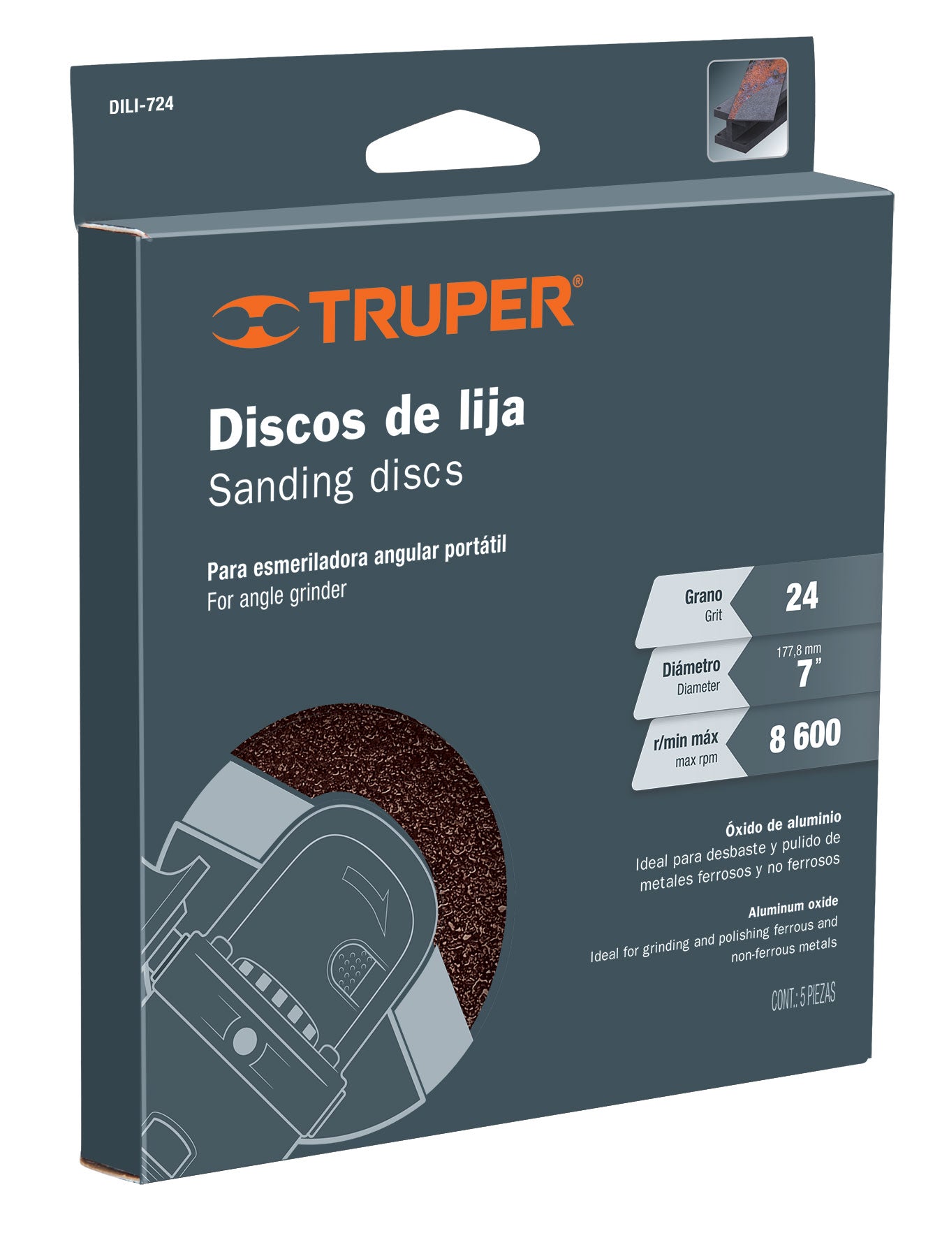 Disco de lija de 7" con respaldo de fibra, grano 24, 5 pzas