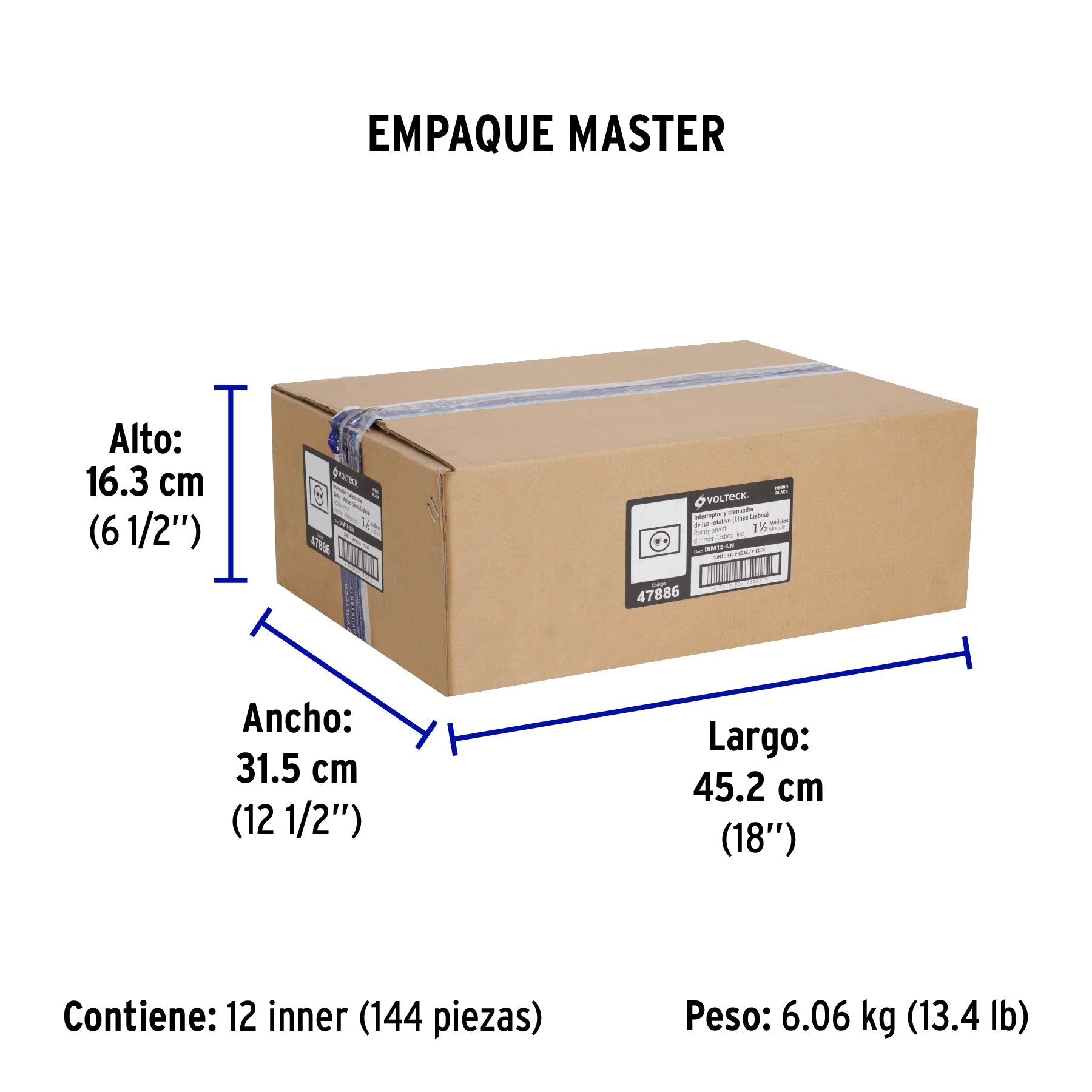 Dimmer giratorio negro de 1.5 módulos, línea Lisboa, VOLTECK - Empaque