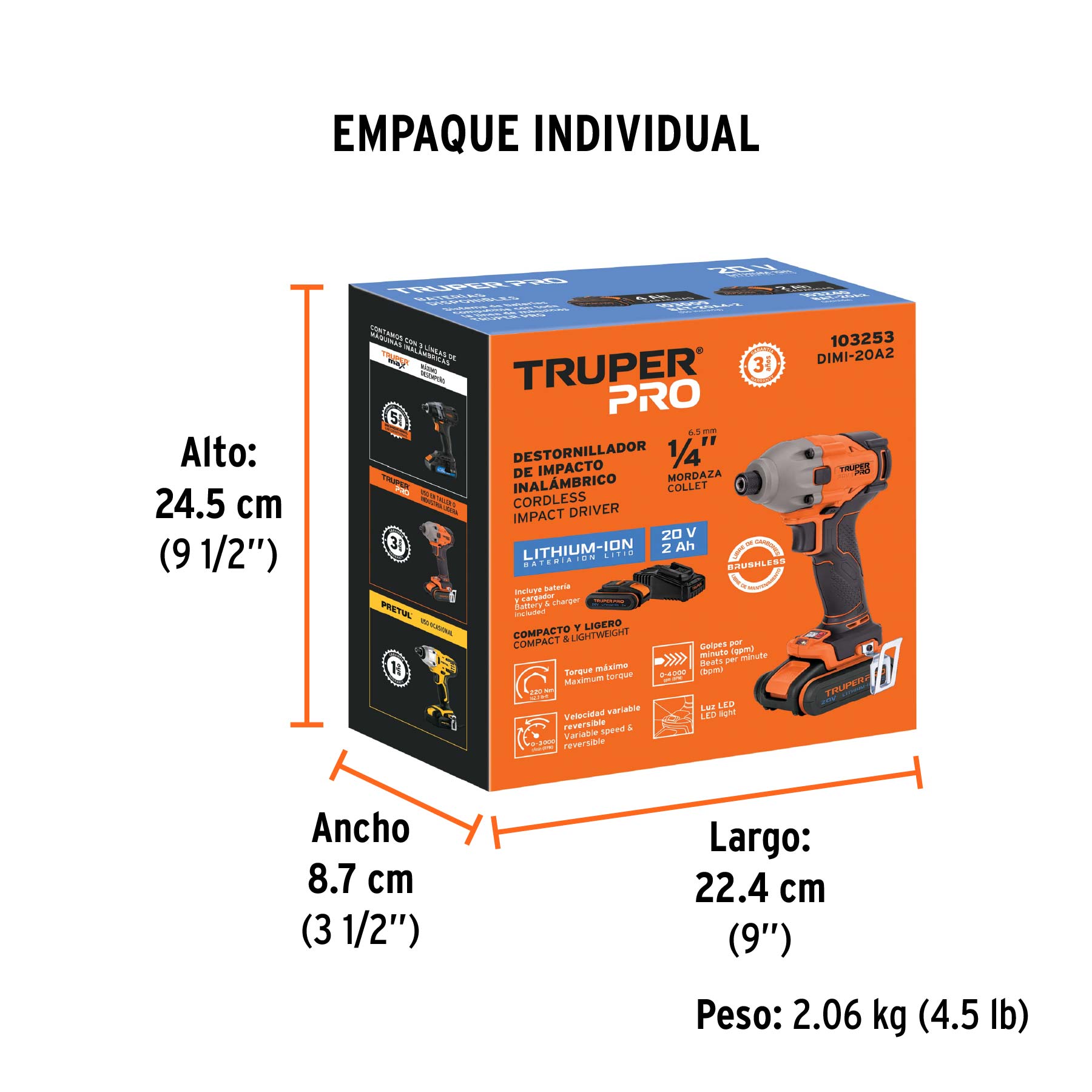 Destornillador de impacto 1/4", 20V, 1 batería 2Ah, PRO - Empaque