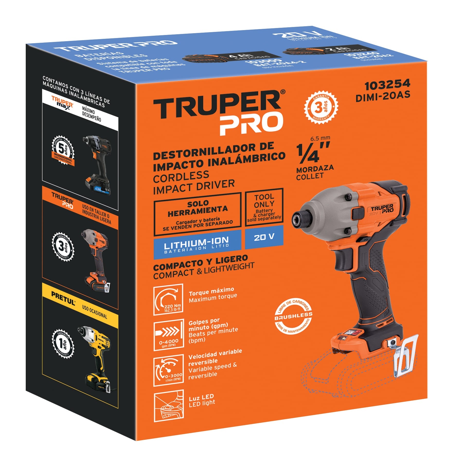 Destornillador de impacto 1/4", 20V, sin accesorios, PRO