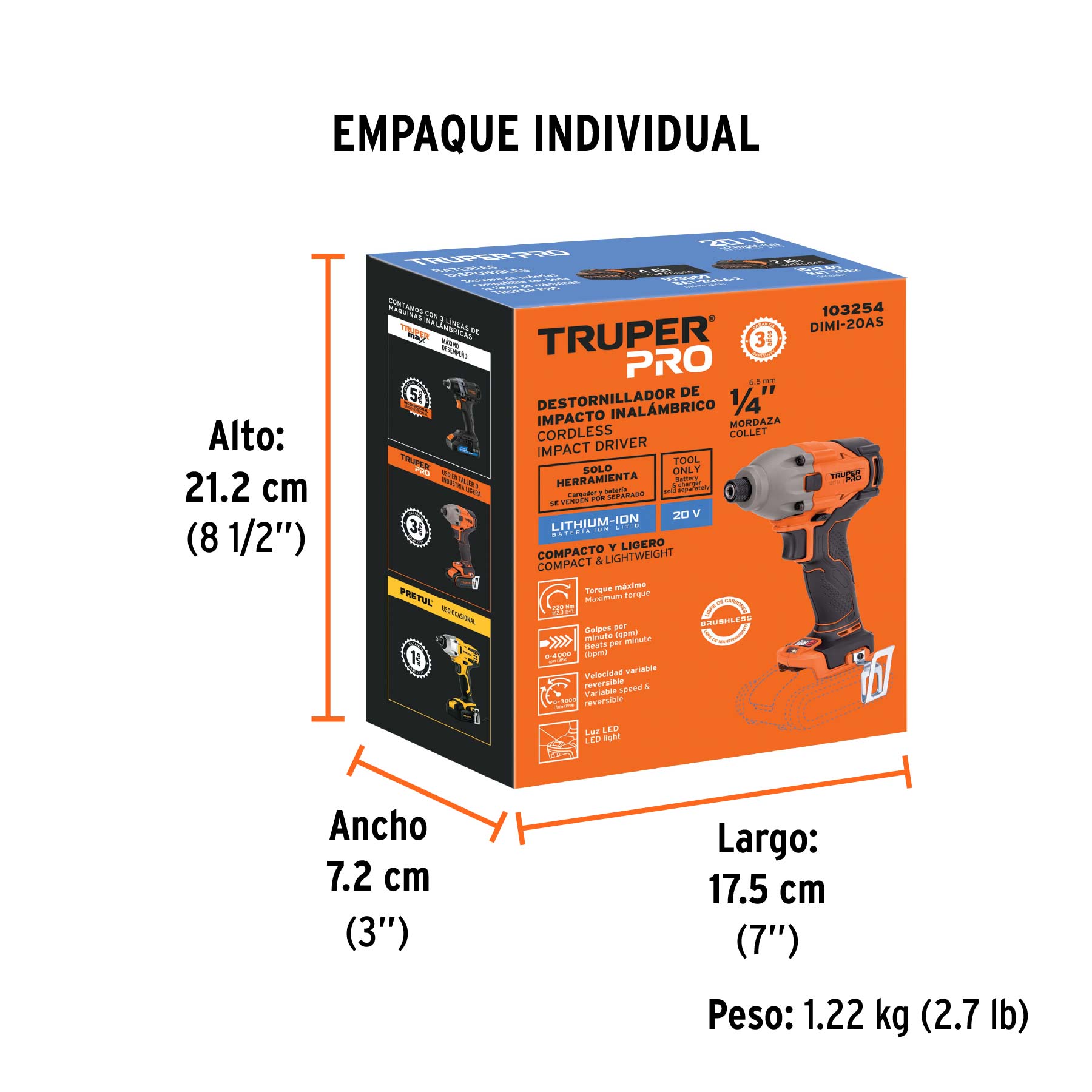 Destornillador de impacto 1/4", 20V, sin accesorios, PRO - Empaque