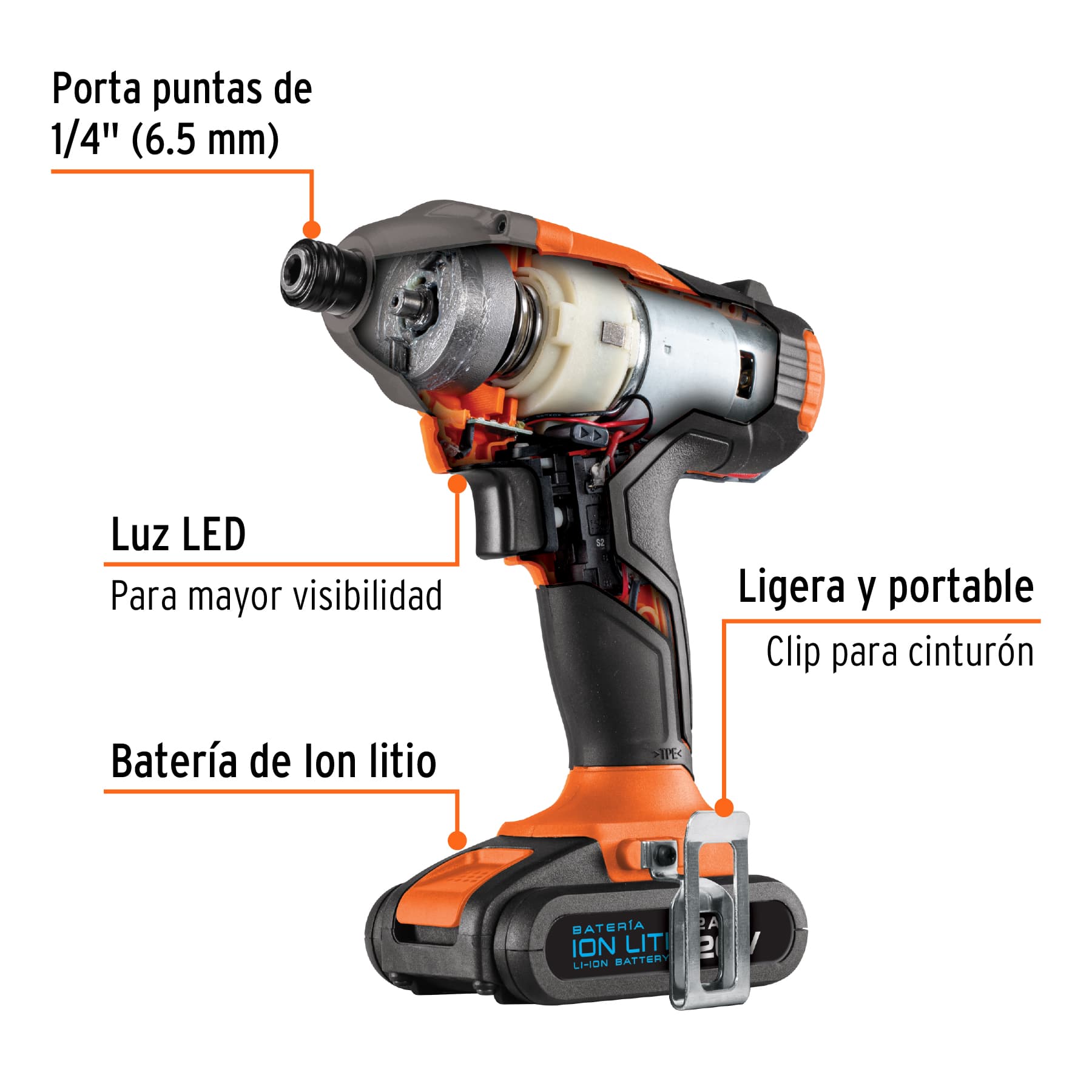 Destornillador de impacto 1/4", 20V, 1 batería 2Ah, PRO