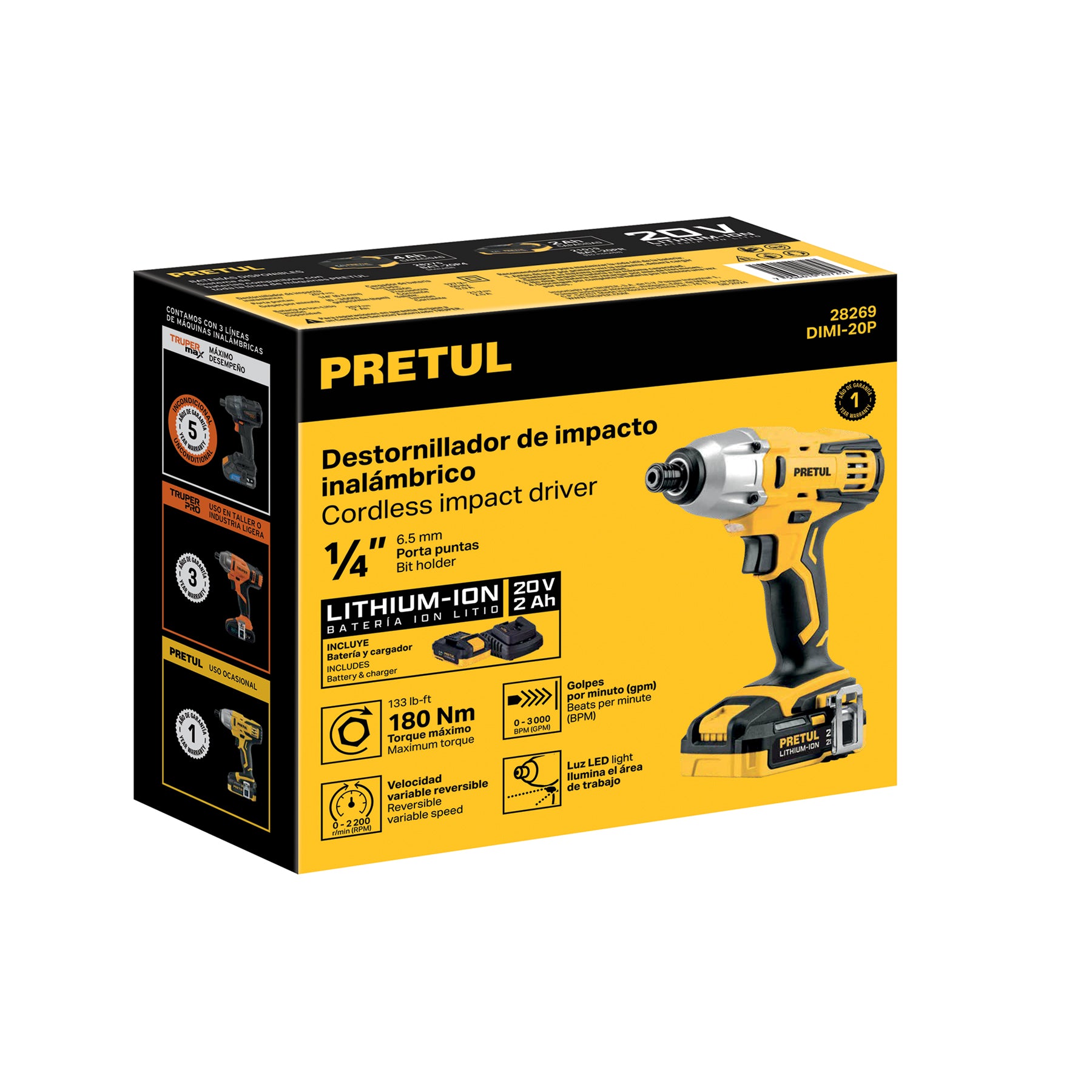Destornillador de impacto 1/4", 20V, 1 batería 2Ah, PRETUL