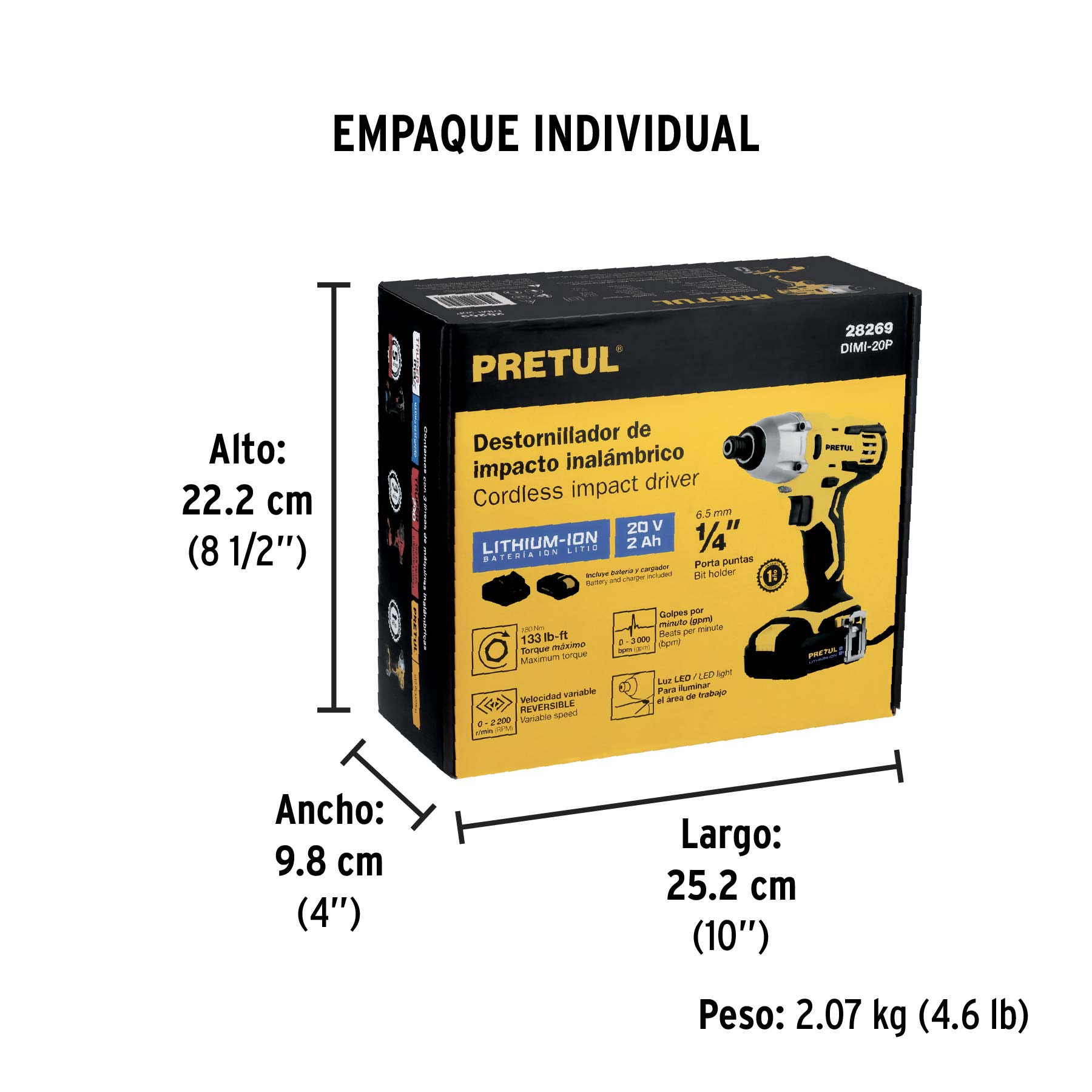 Destornillador de impacto 1/4", 20V, 1 batería 2Ah, PRETUL - Empaque