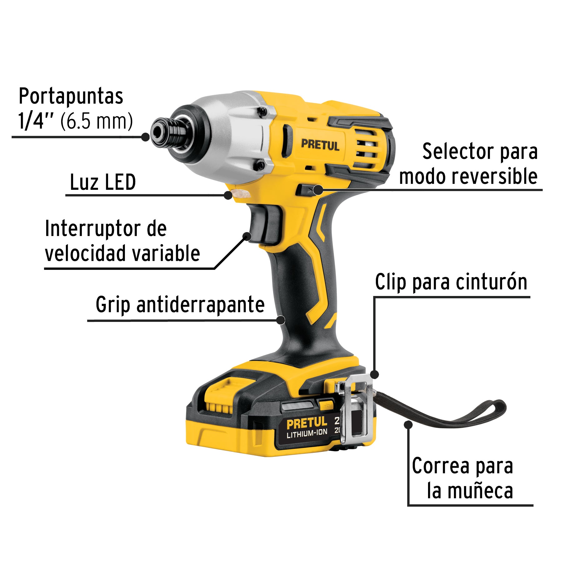 Destornillador de impacto 1/4", 20V, 1 batería 2Ah, PRETUL