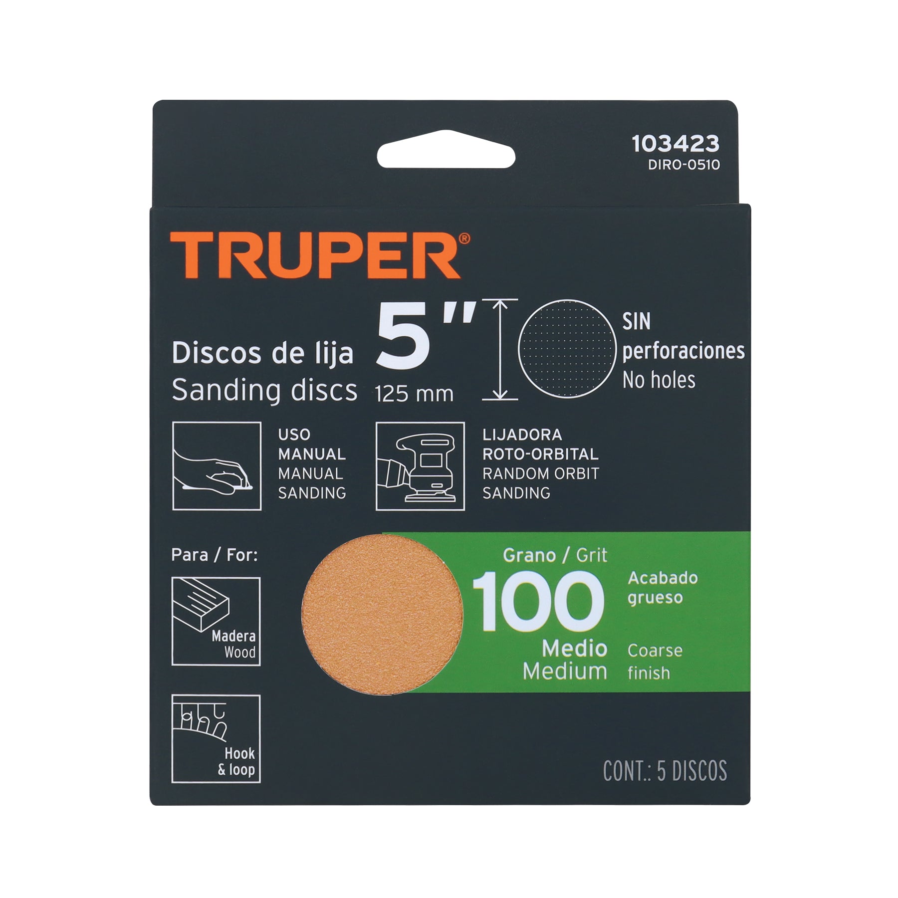 Paquete con 5 discos de lija 5" grano 100, ciegos, TRUPER