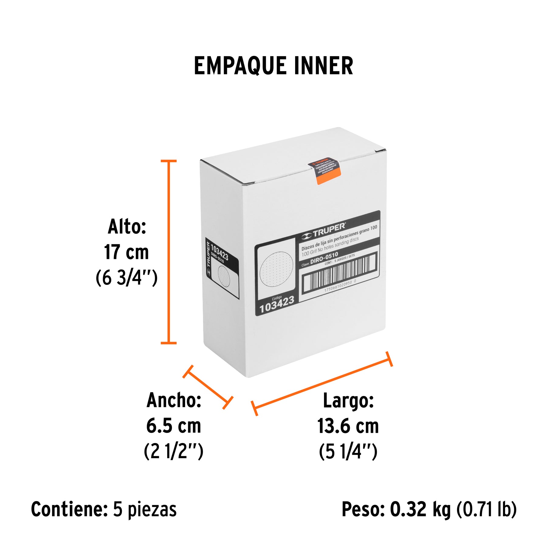 Paquete con 5 discos de lija 5" grano 100, ciegos, TRUPER - Empaque