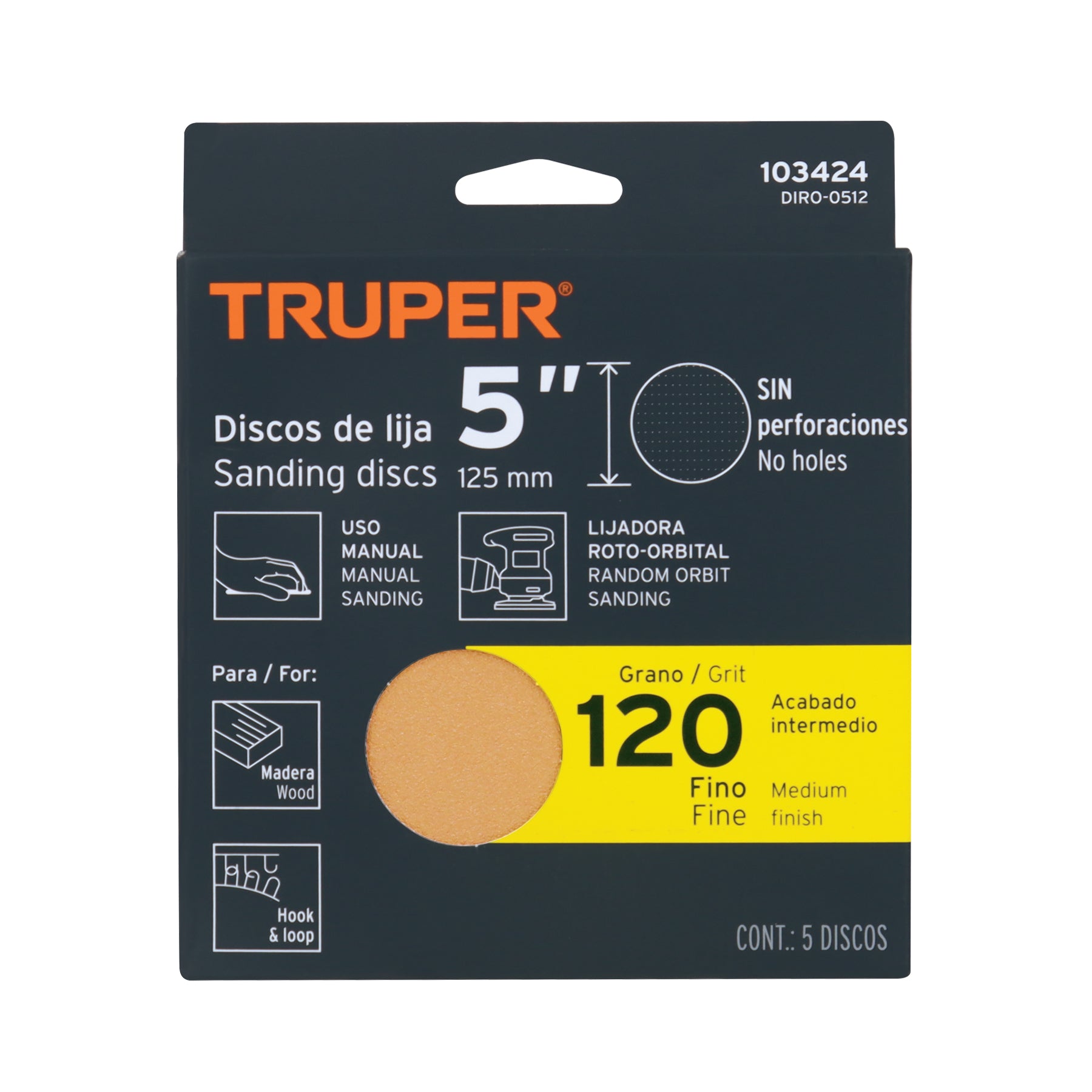Paquete con 5 discos de lija 5" grano 120, ciegos, TRUPER