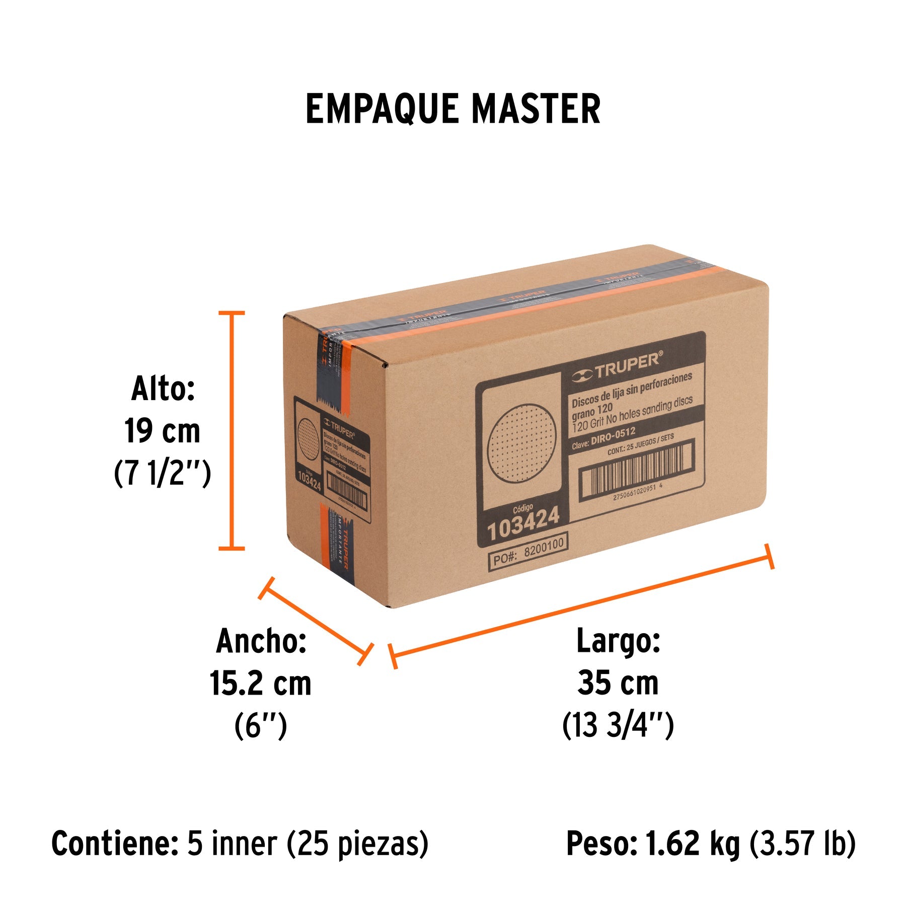 Paquete con 5 discos de lija 5" grano 120, ciegos, TRUPER - Empaque