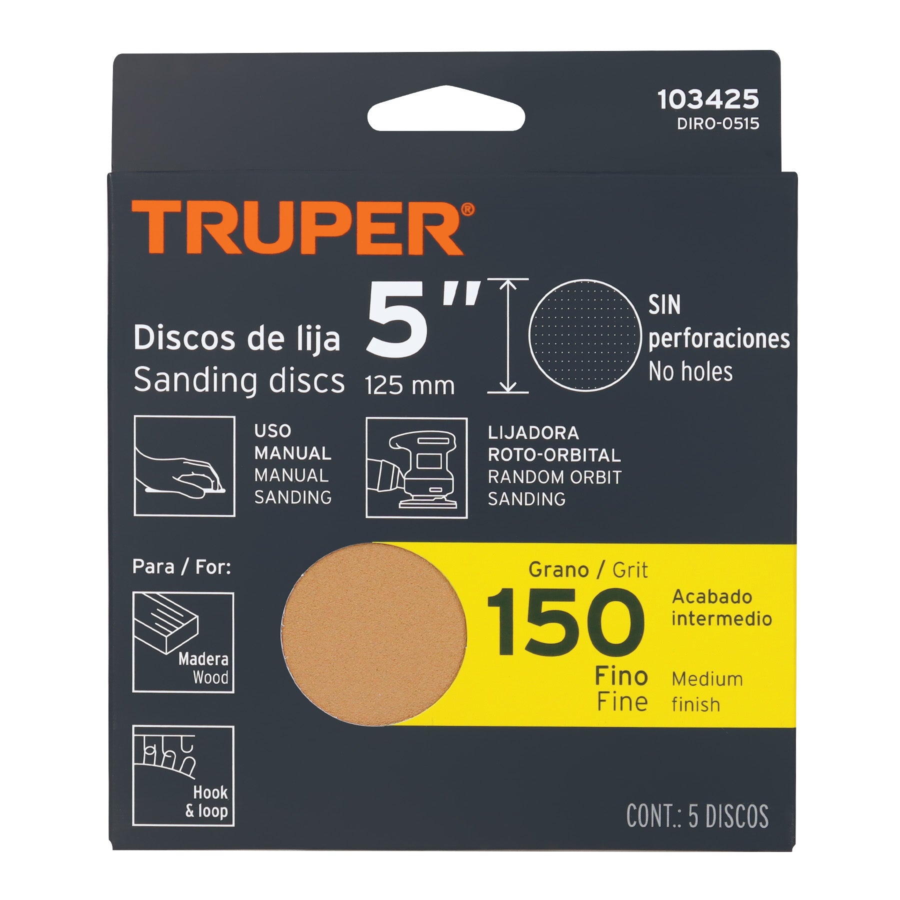 Paquete con 5 discos de lija 5" grano 150, ciegos, TRUPER