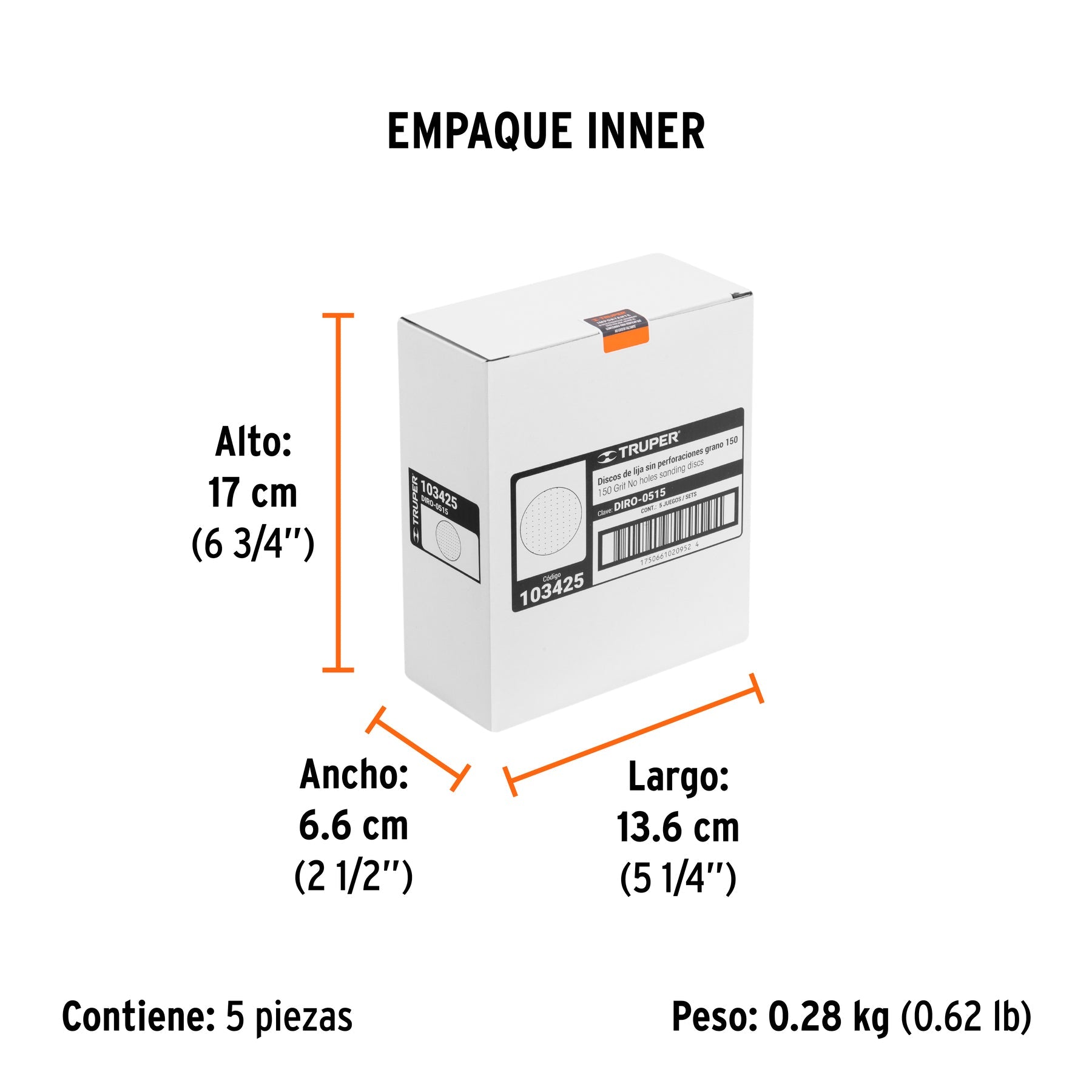 Paquete con 5 discos de lija 5" grano 150, ciegos, TRUPER - Empaque