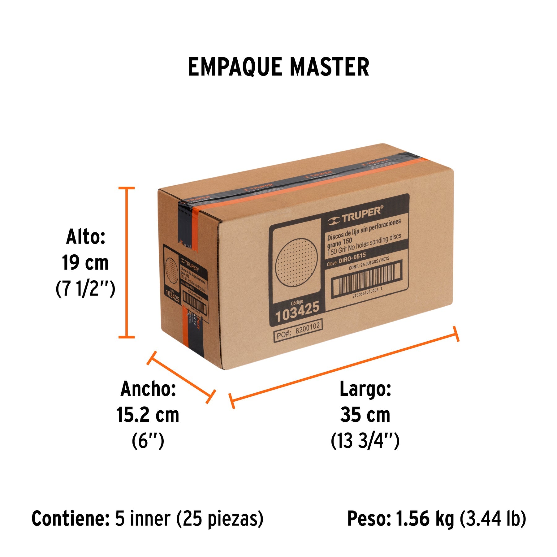 Paquete con 5 discos de lija 5" grano 150, ciegos, TRUPER - Empaque