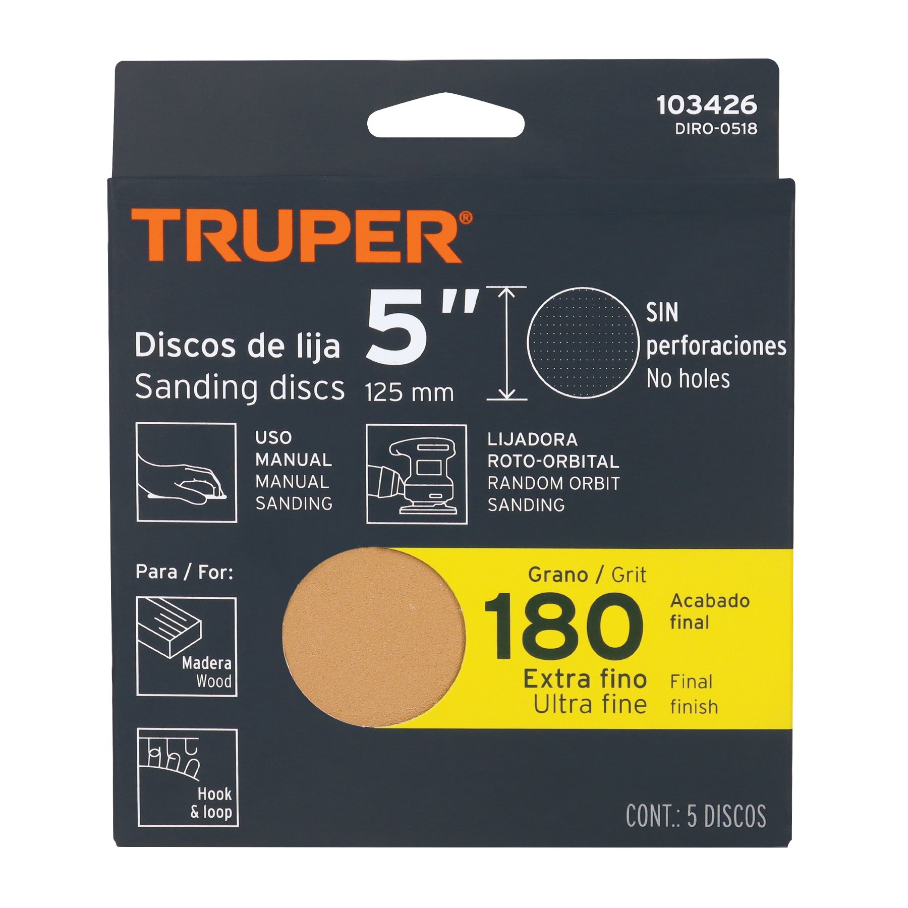 Paquete con 5 discos de lija 5" grano 180, ciegos, TRUPER