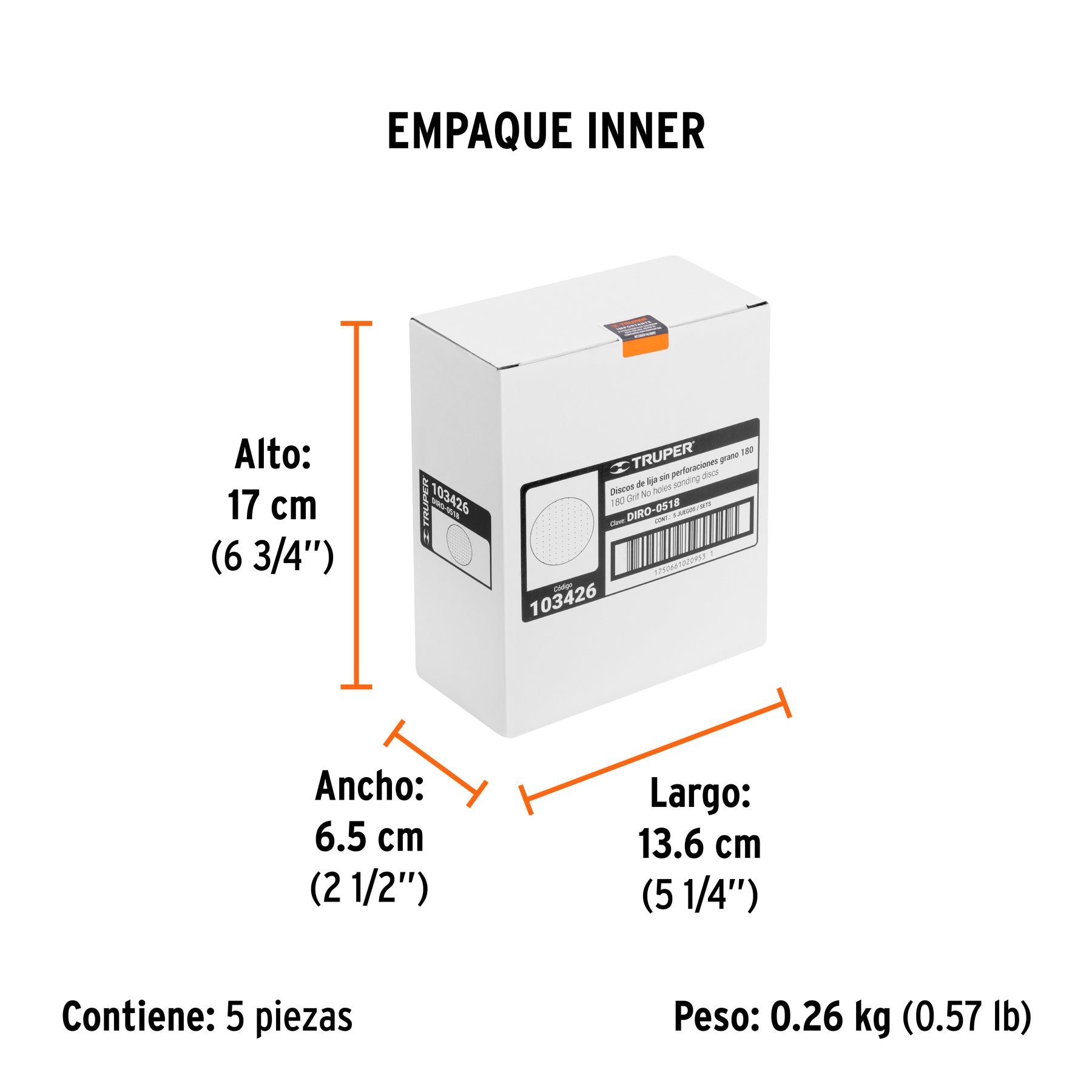 Paquete con 5 discos de lija 5" grano 180, ciegos, TRUPER - Empaque