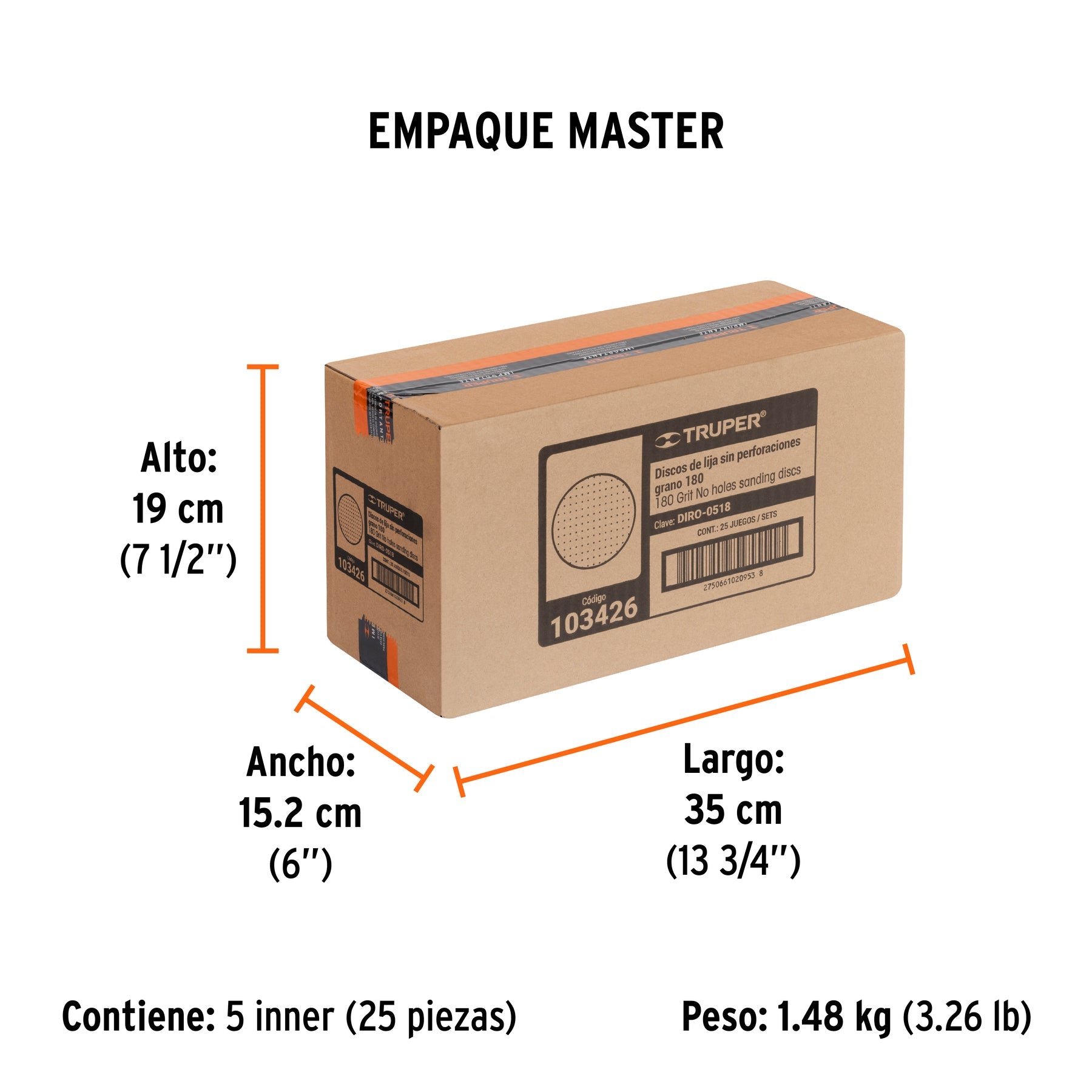 Paquete con 5 discos de lija 5" grano 180, ciegos, TRUPER - Empaque