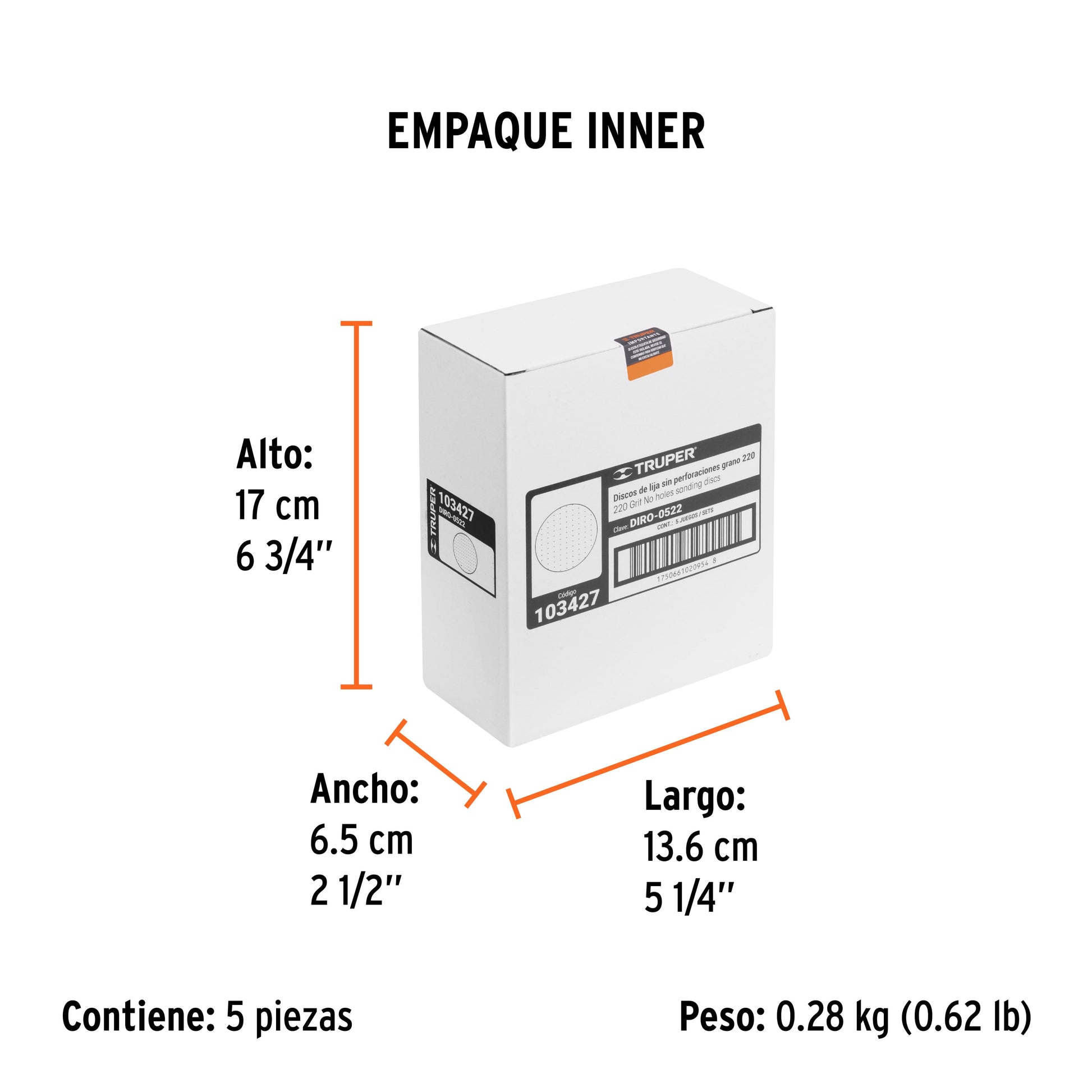 Paquete con 5 discos de lija 5" grano 220, ciegos, TRUPER - Empaque