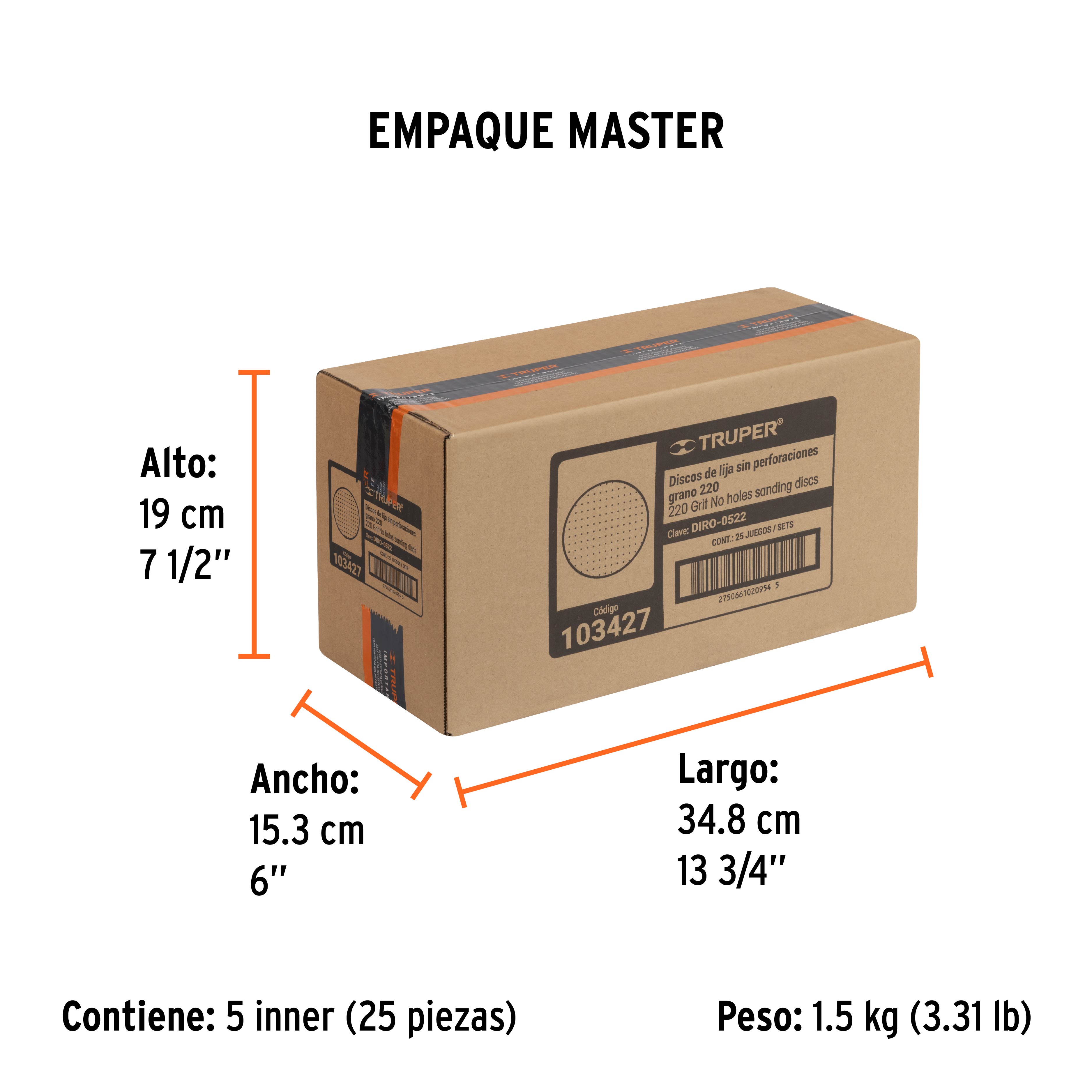 Paquete con 5 discos de lija 5" grano 220, ciegos, TRUPER - Empaque