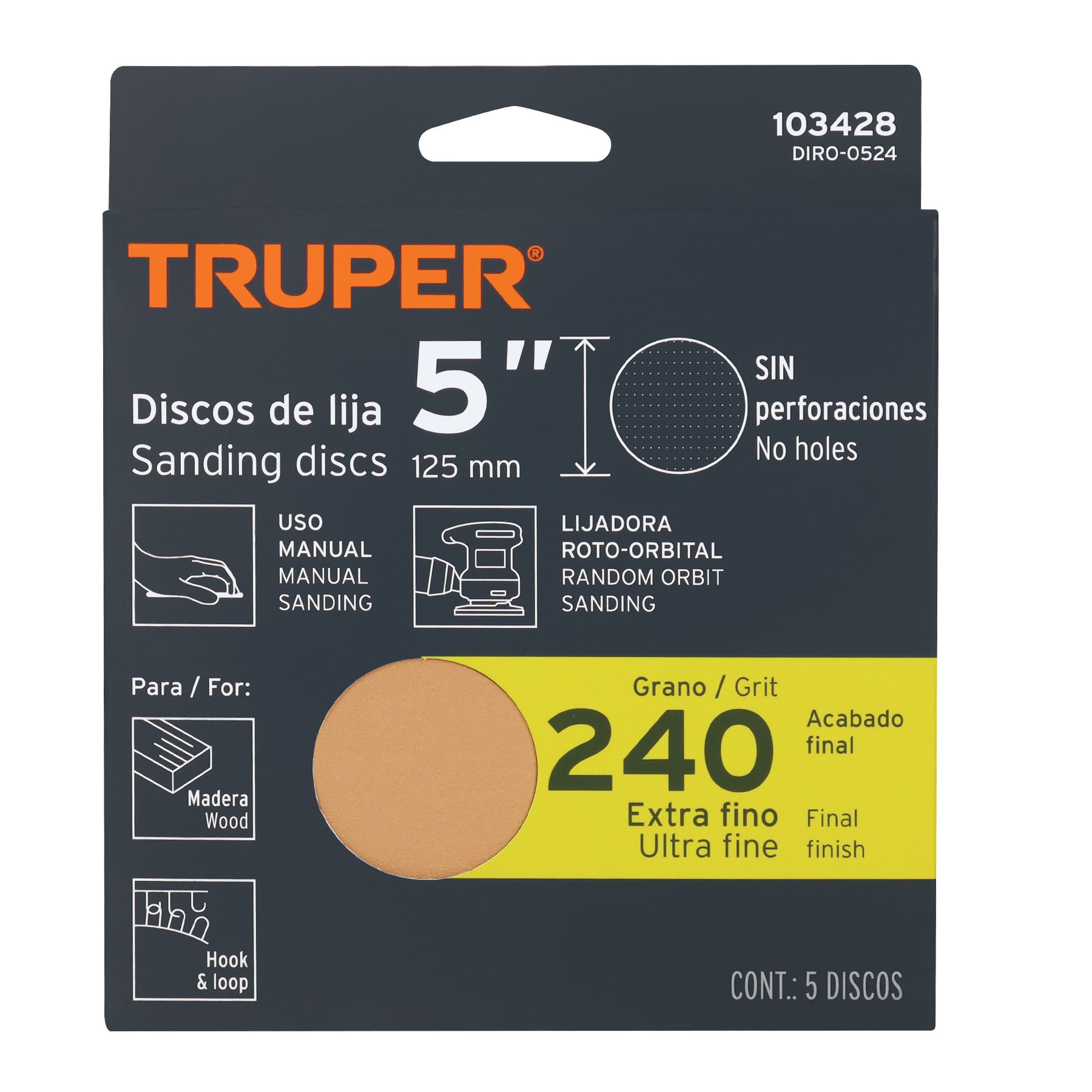 Paquete con 5 discos de lija 5" grano 240, ciegos, TRUPER