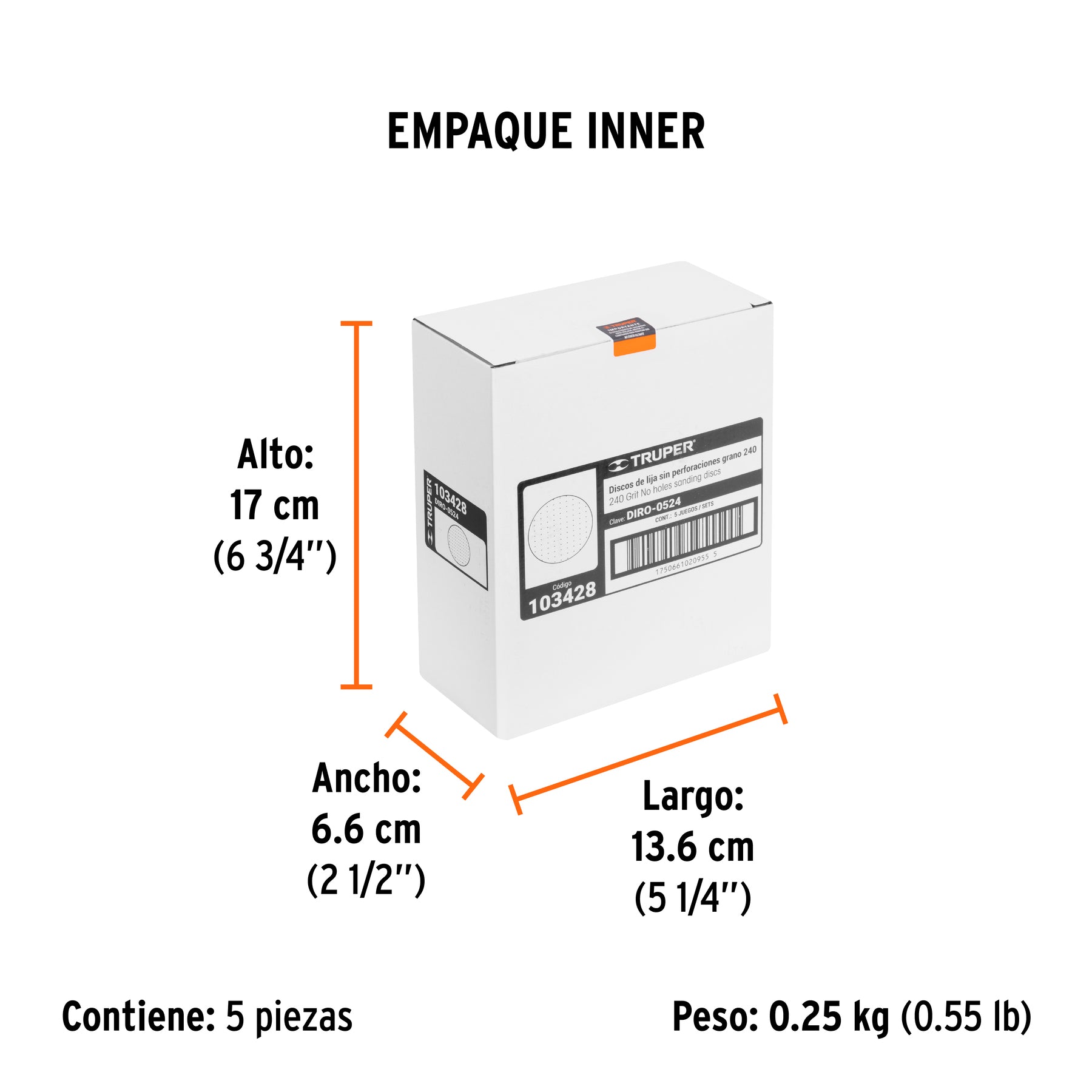 Paquete con 5 discos de lija 5" grano 240, ciegos, TRUPER - Empaque