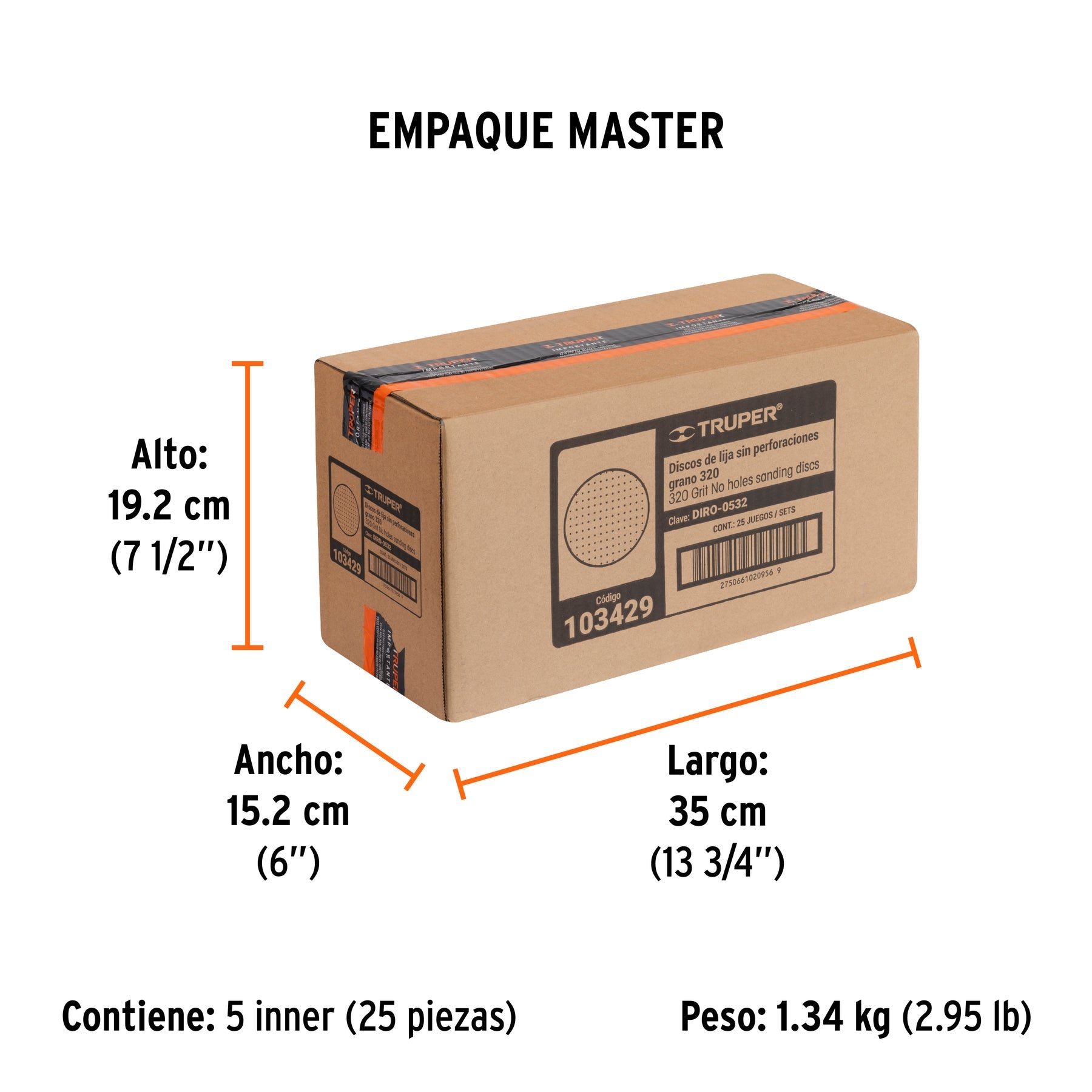 Paquete con 5 discos de lija 5" grano 320, ciegos, TRUPER - Empaque