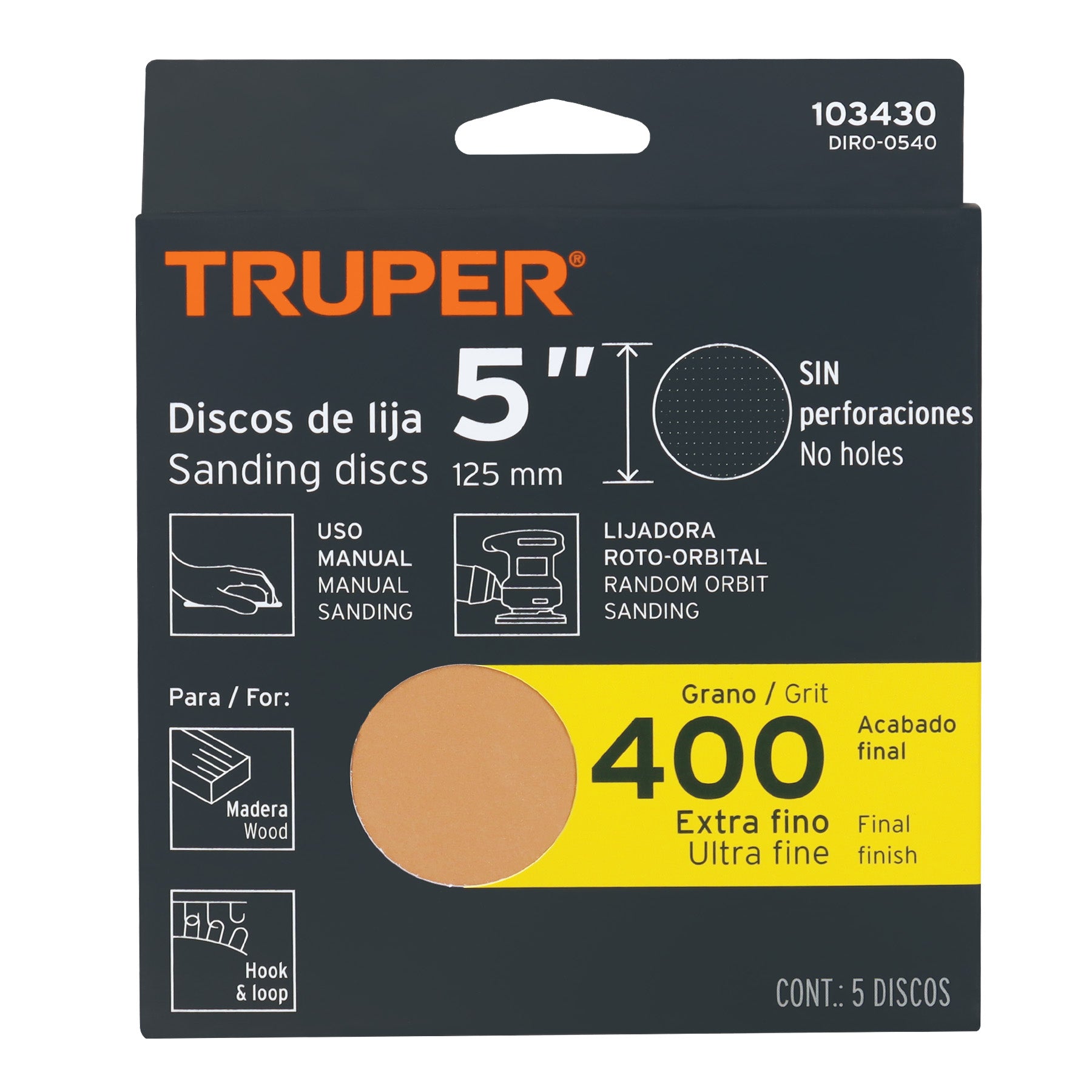 Paquete con 5 discos de lija 5" grano 400, ciegos, TRUPER