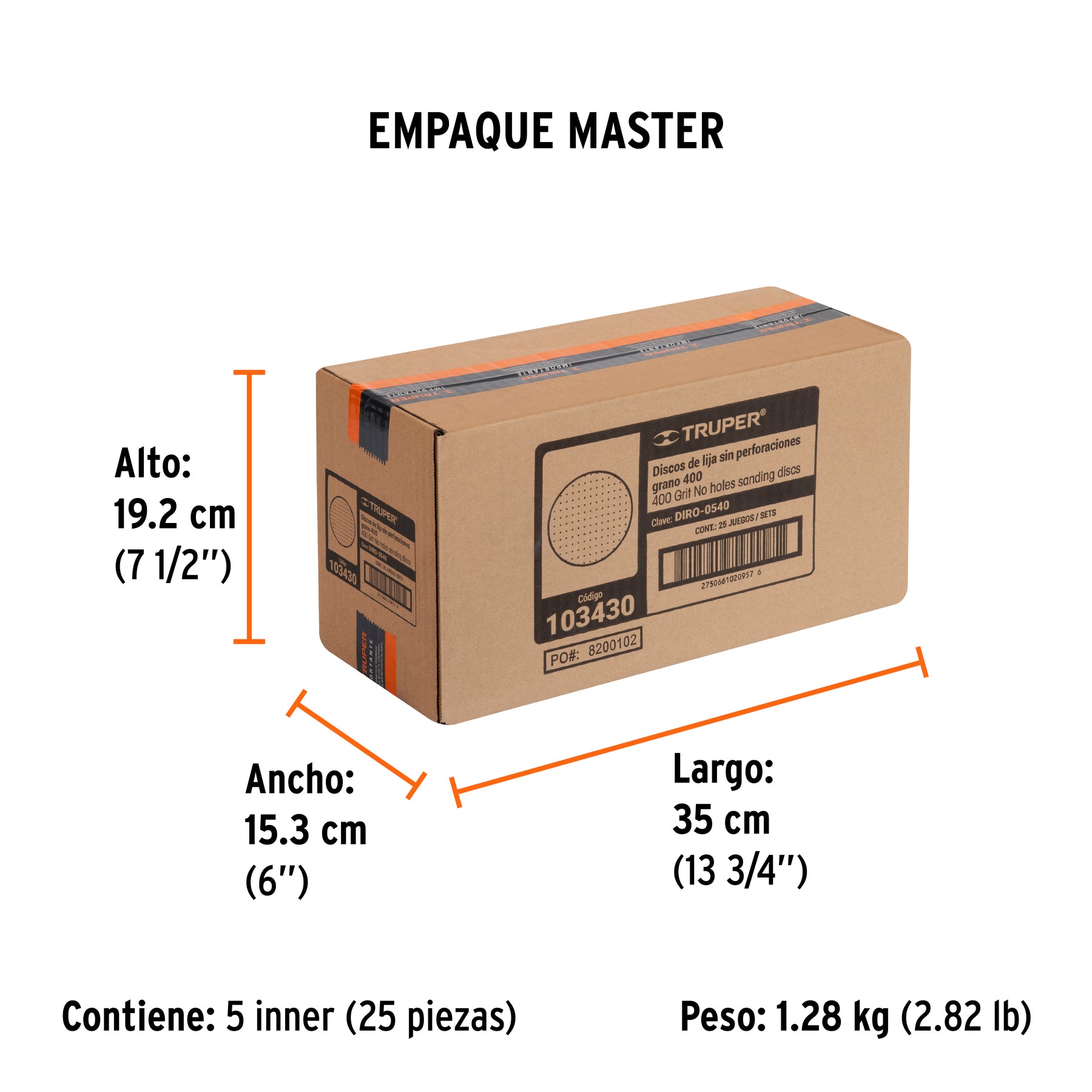 Paquete con 5 discos de lija 5" grano 400, ciegos, TRUPER - Empaque