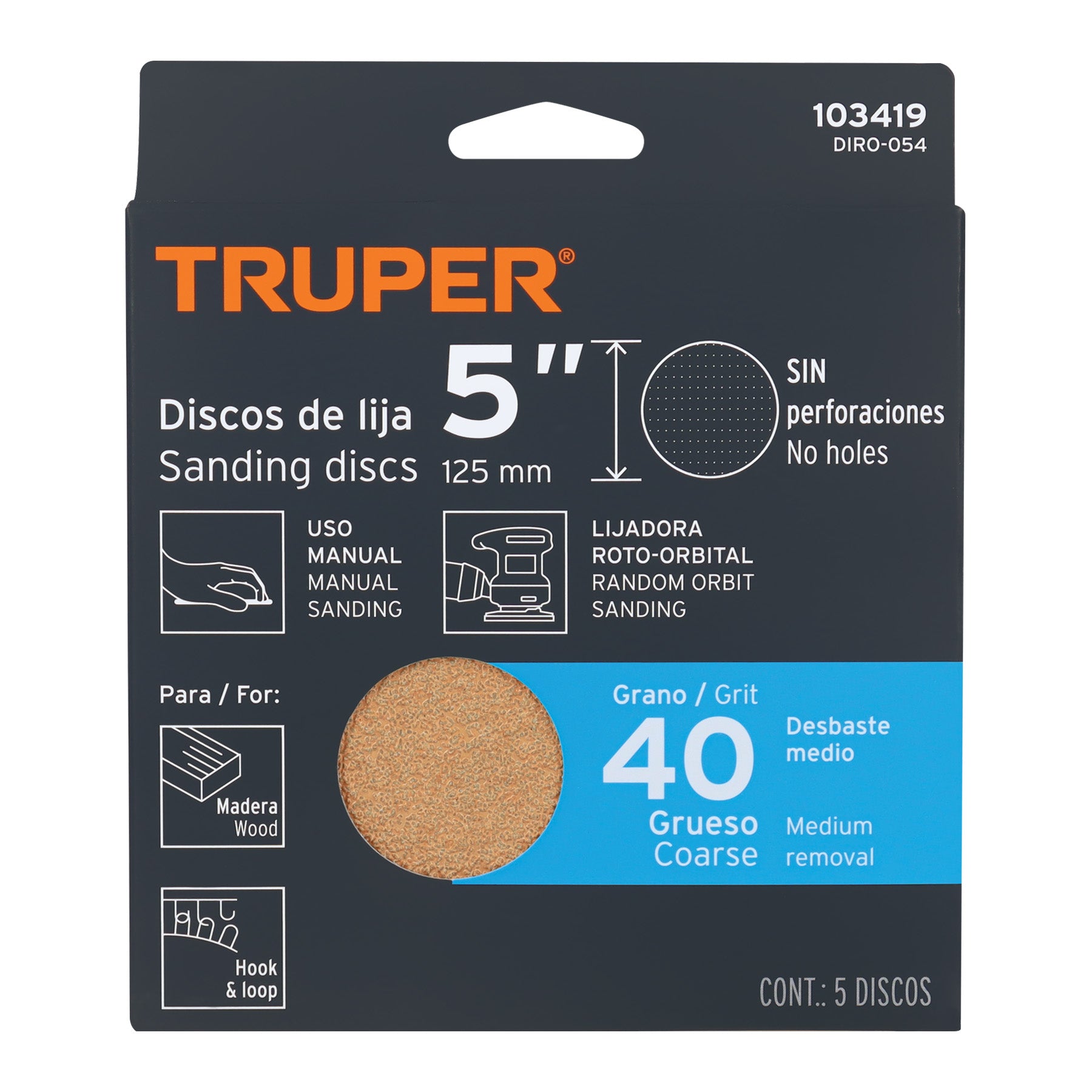 Paquete con 5 discos de lija 5" grano 40, ciegos, TRUPER