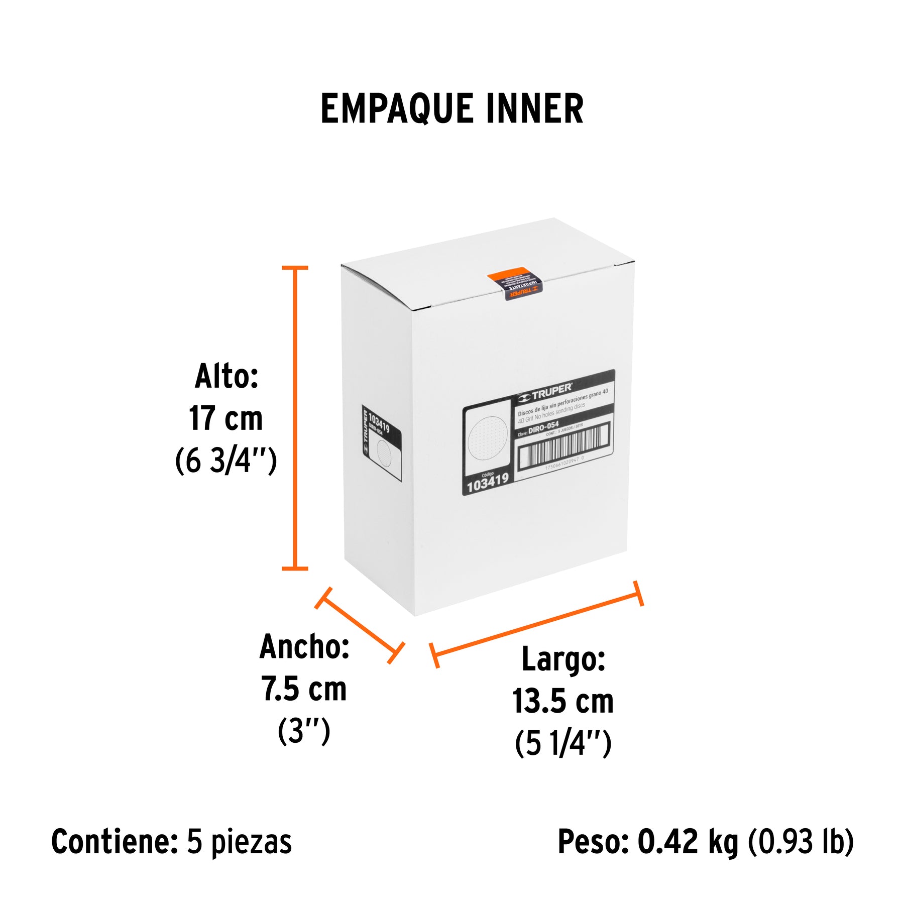 Paquete con 5 discos de lija 5" grano 40, ciegos, TRUPER - Empaque