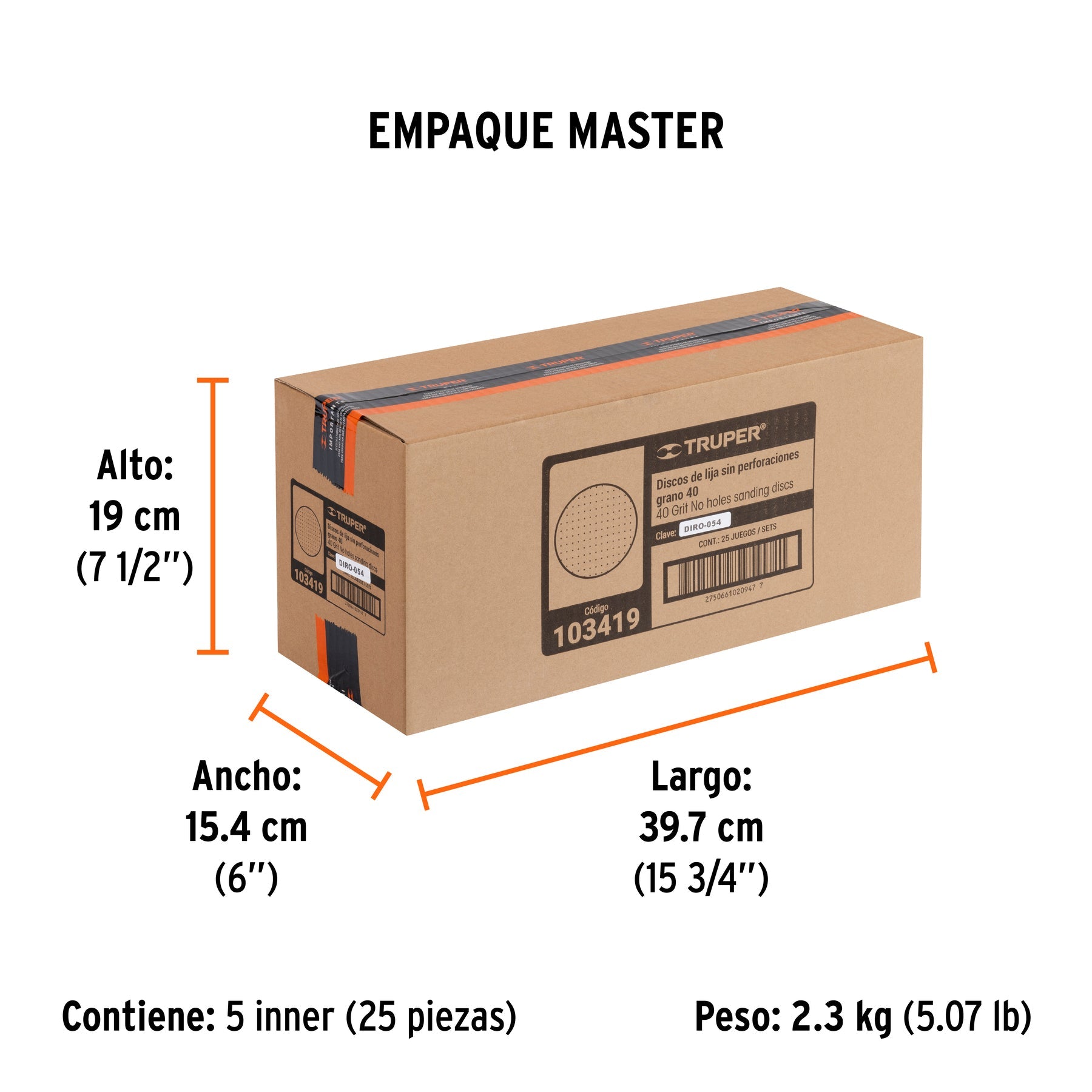 Paquete con 5 discos de lija 5" grano 40, ciegos, TRUPER - Empaque