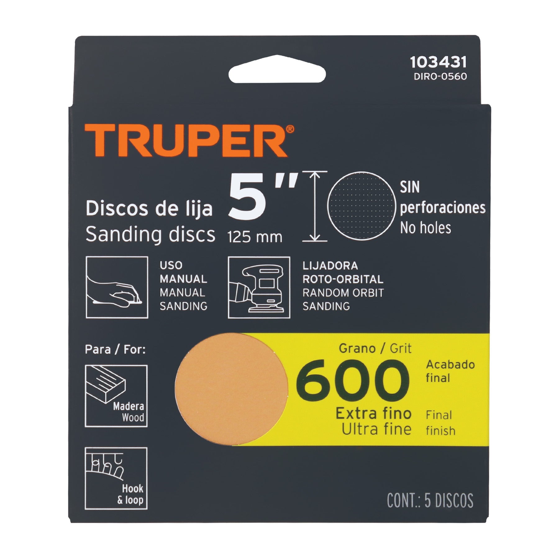 Paquete con 5 discos de lija 5" grano 600, ciegos, TRUPER