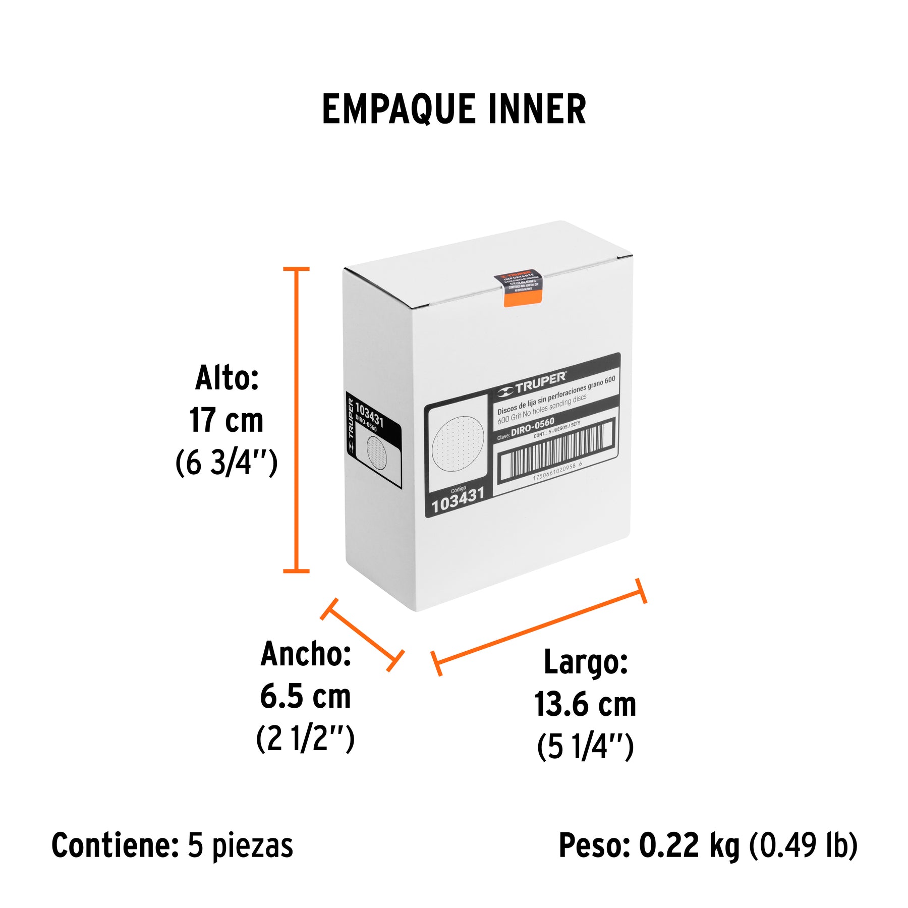 Paquete con 5 discos de lija 5" grano 600, ciegos, TRUPER - Empaque