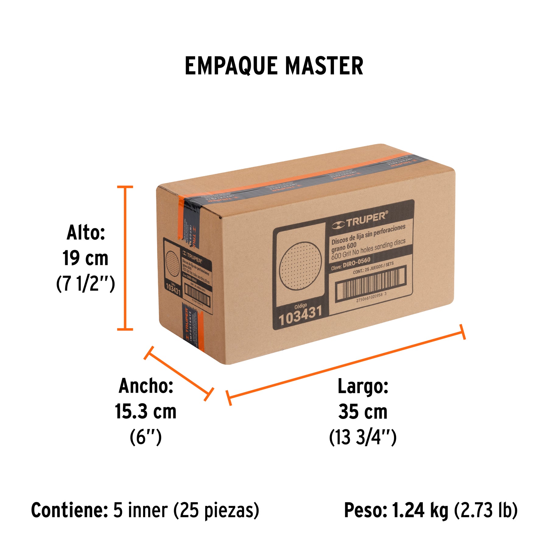 Paquete con 5 discos de lija 5" grano 600, ciegos, TRUPER - Empaque