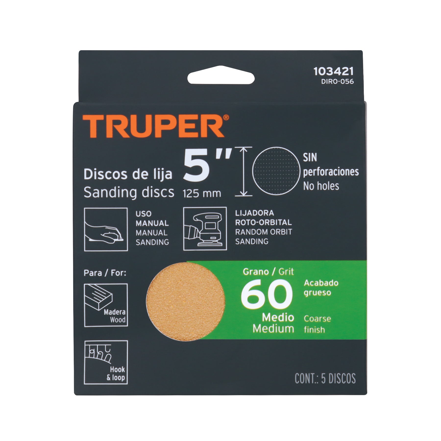 Paquete con 5 discos de lija 5" grano 60, ciegos, TRUPER