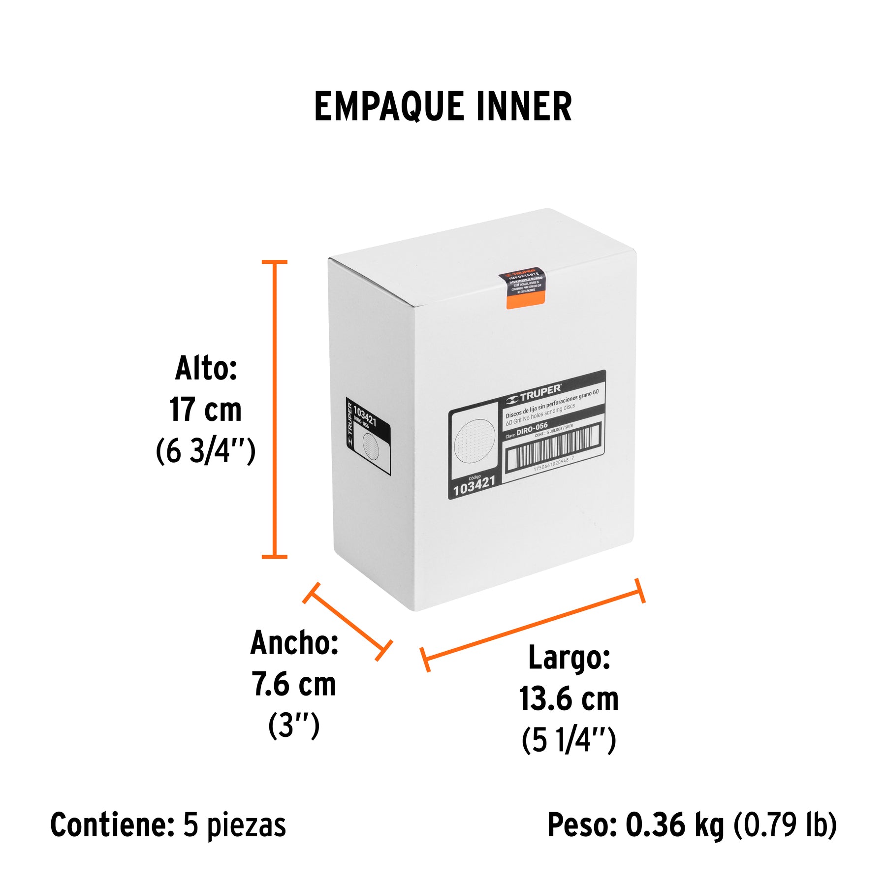 Paquete con 5 discos de lija 5" grano 60, ciegos, TRUPER - Empaque