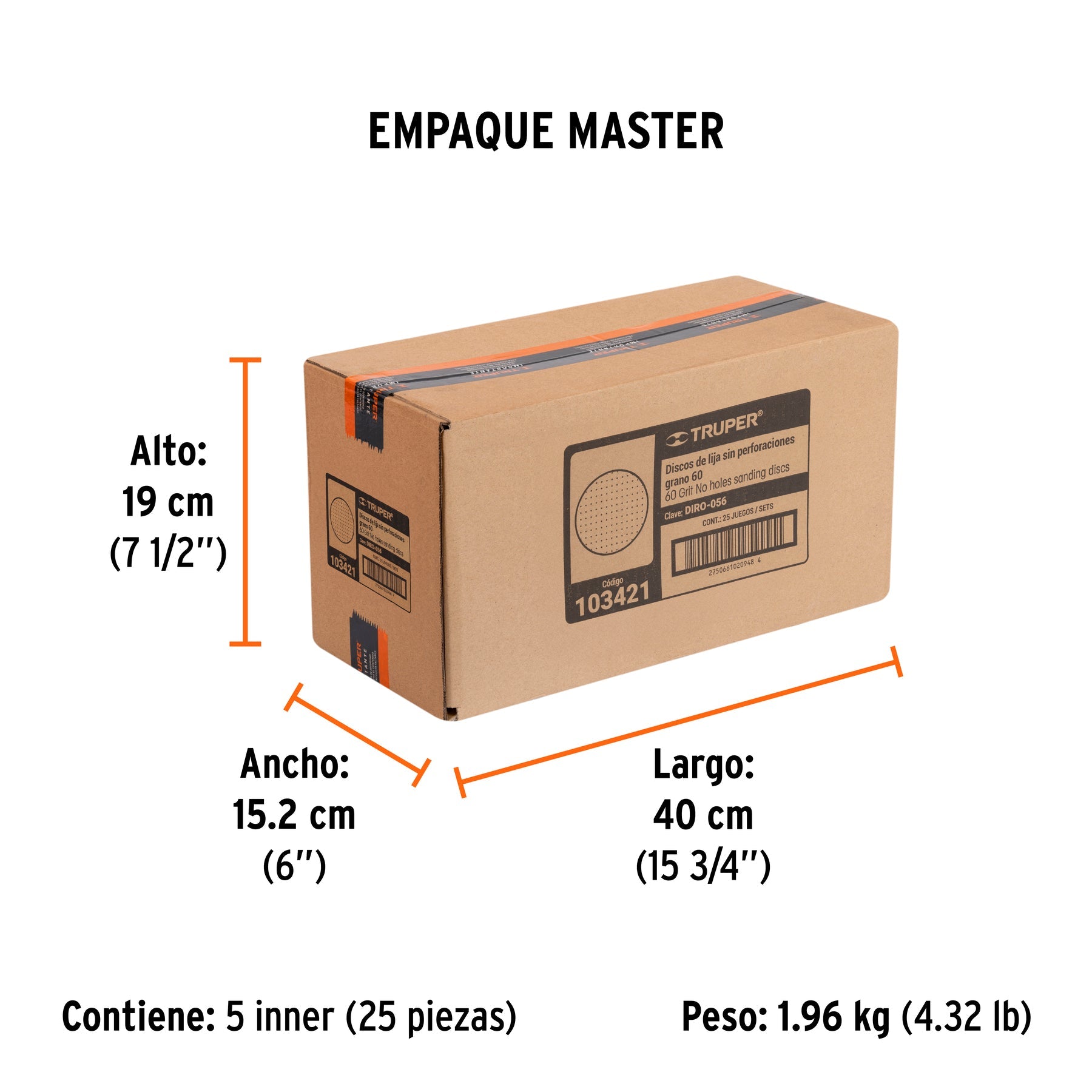 Paquete con 5 discos de lija 5" grano 60, ciegos, TRUPER - Empaque
