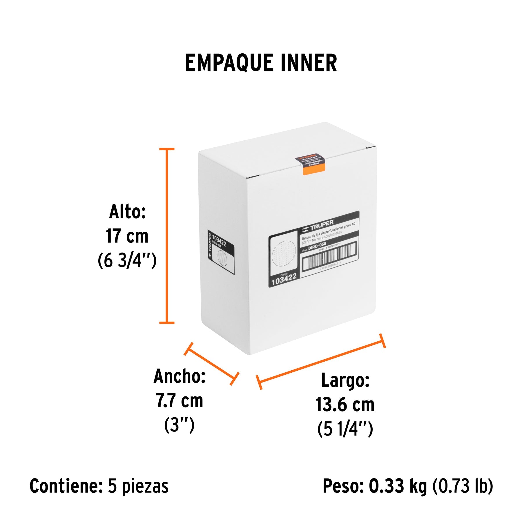 Paquete con 5 discos de lija 5" grano 80, ciegos, TRUPER - Empaque