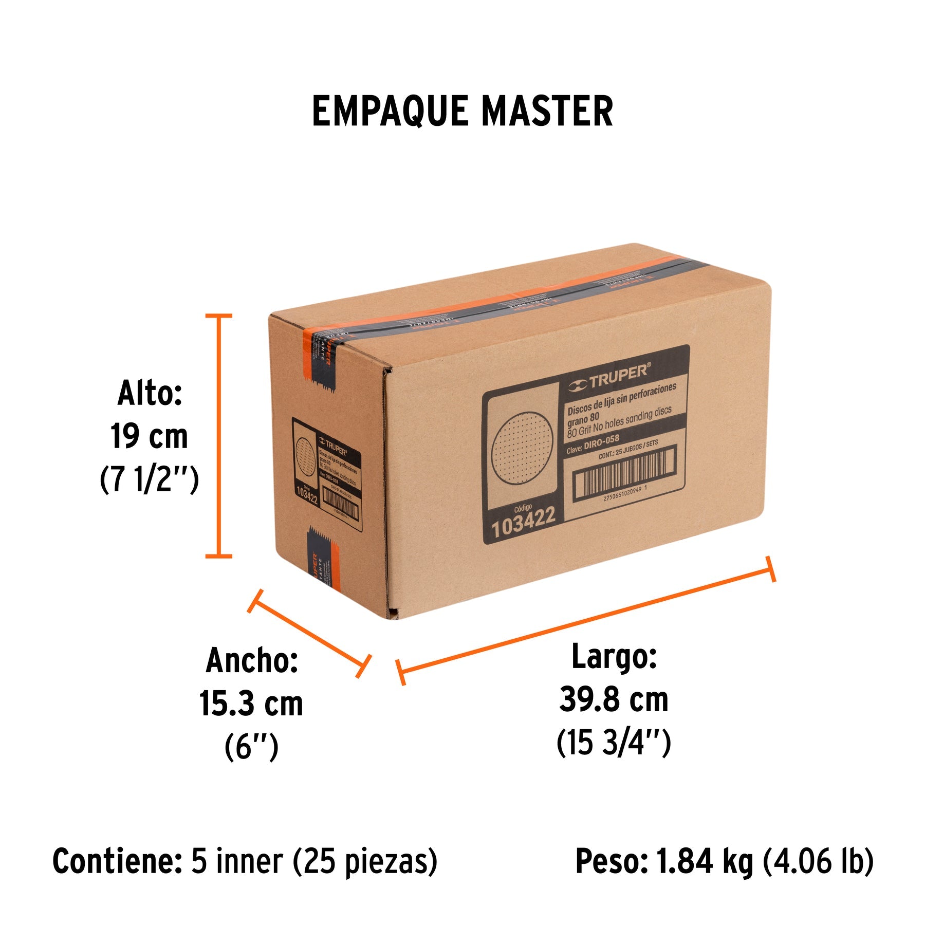 Paquete con 5 discos de lija 5" grano 80, ciegos, TRUPER - Empaque