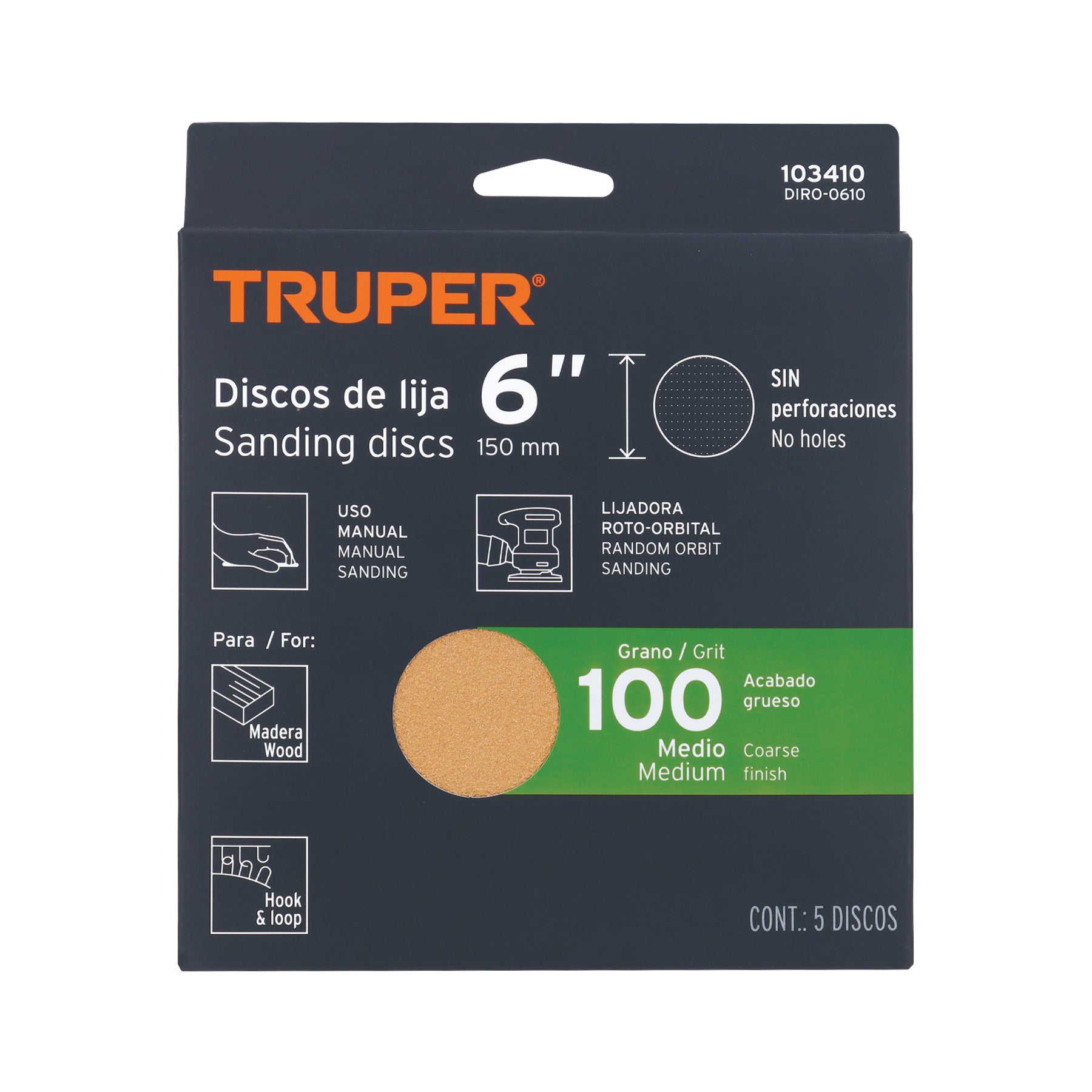 Paquete con 5 discos de lija 6" grano 100, ciegos, TRUPER