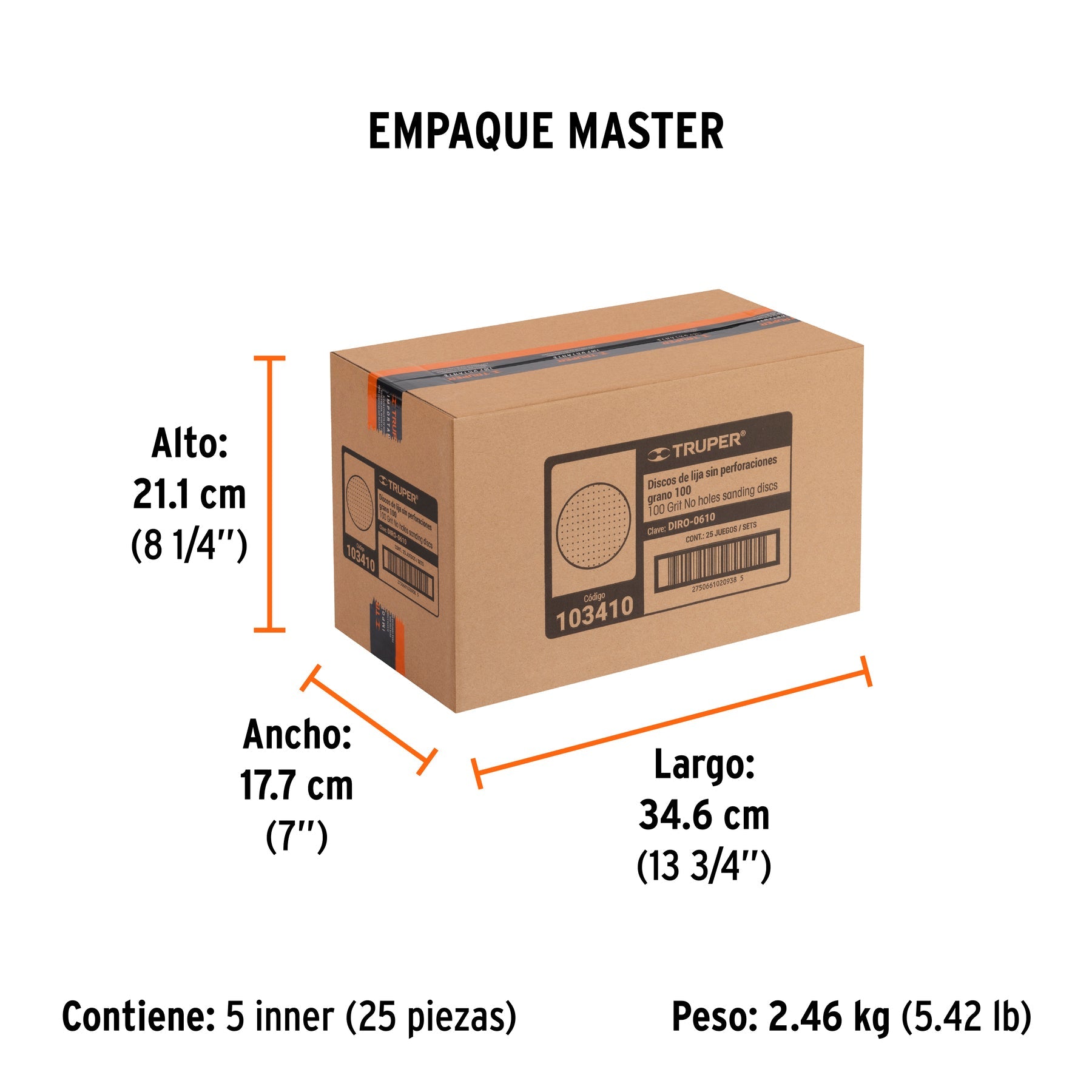Paquete con 5 discos de lija 6" grano 100, ciegos, TRUPER - Empaque