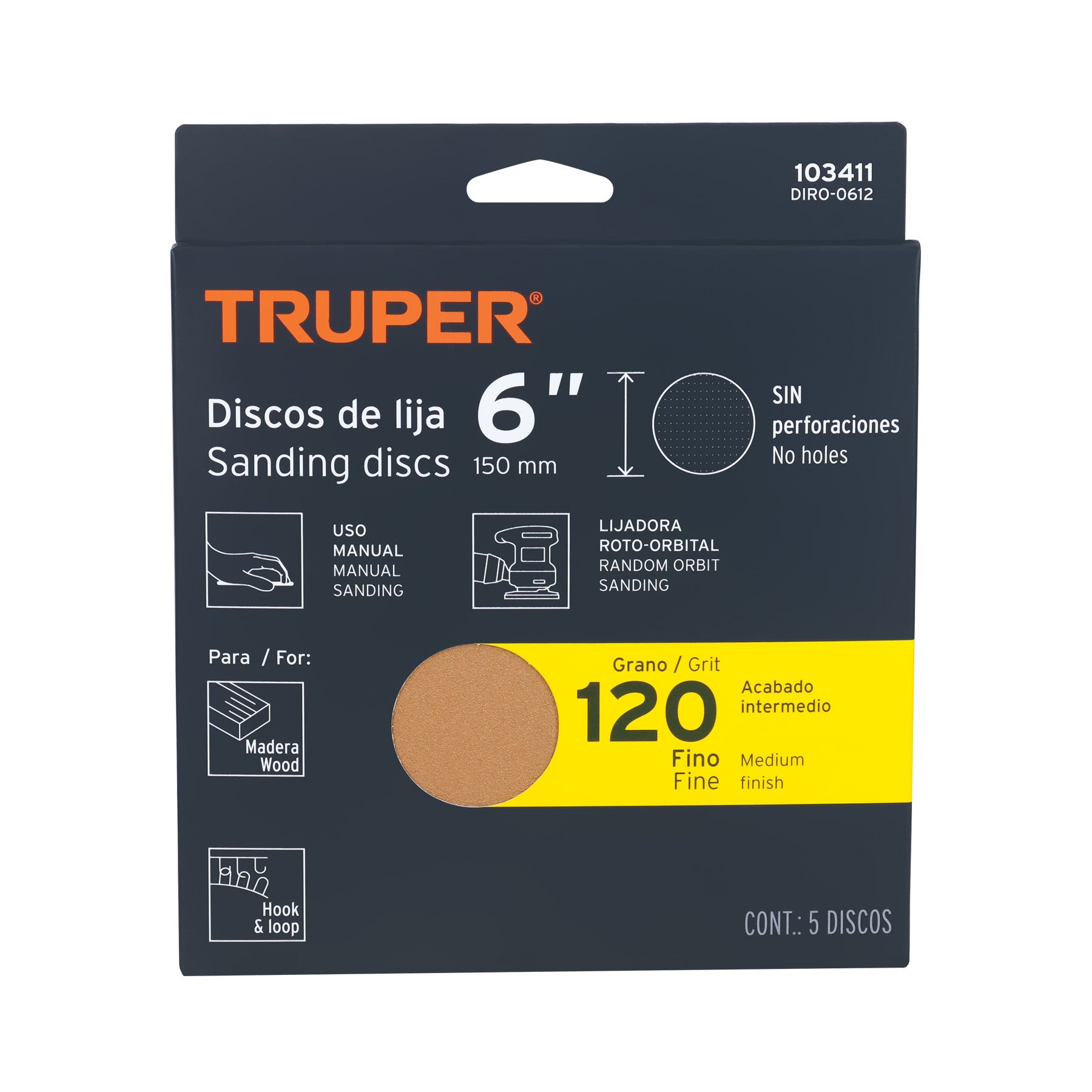 Paquete con 5 discos de lija 6" grano 120, ciegos, TRUPER