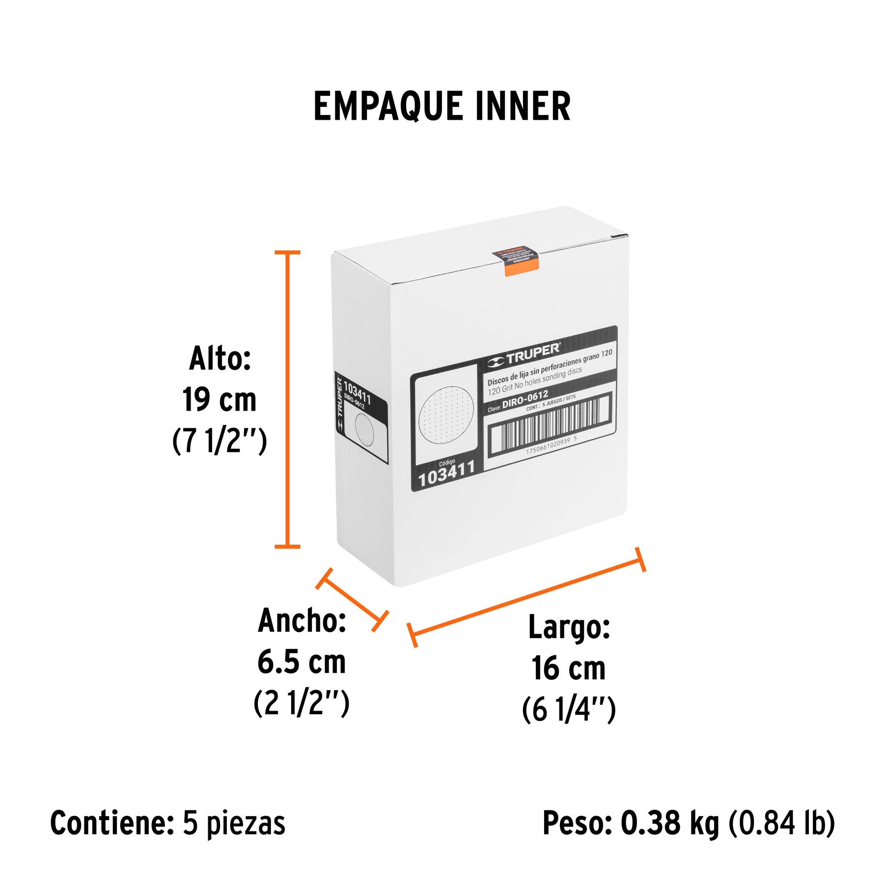 Paquete con 5 discos de lija 6" grano 120, ciegos, TRUPER - Empaque