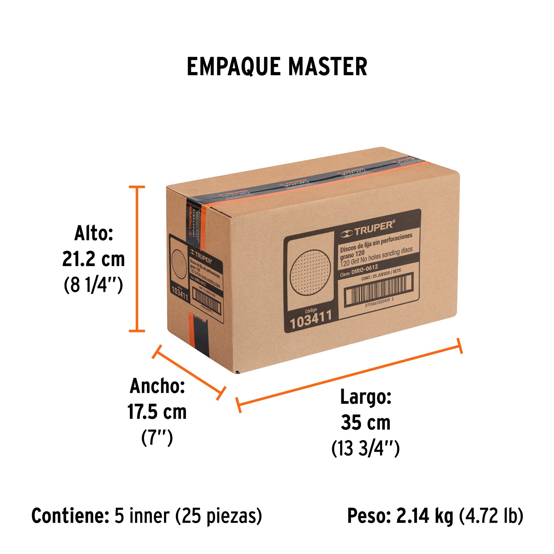 Paquete con 5 discos de lija 6" grano 120, ciegos, TRUPER - Empaque